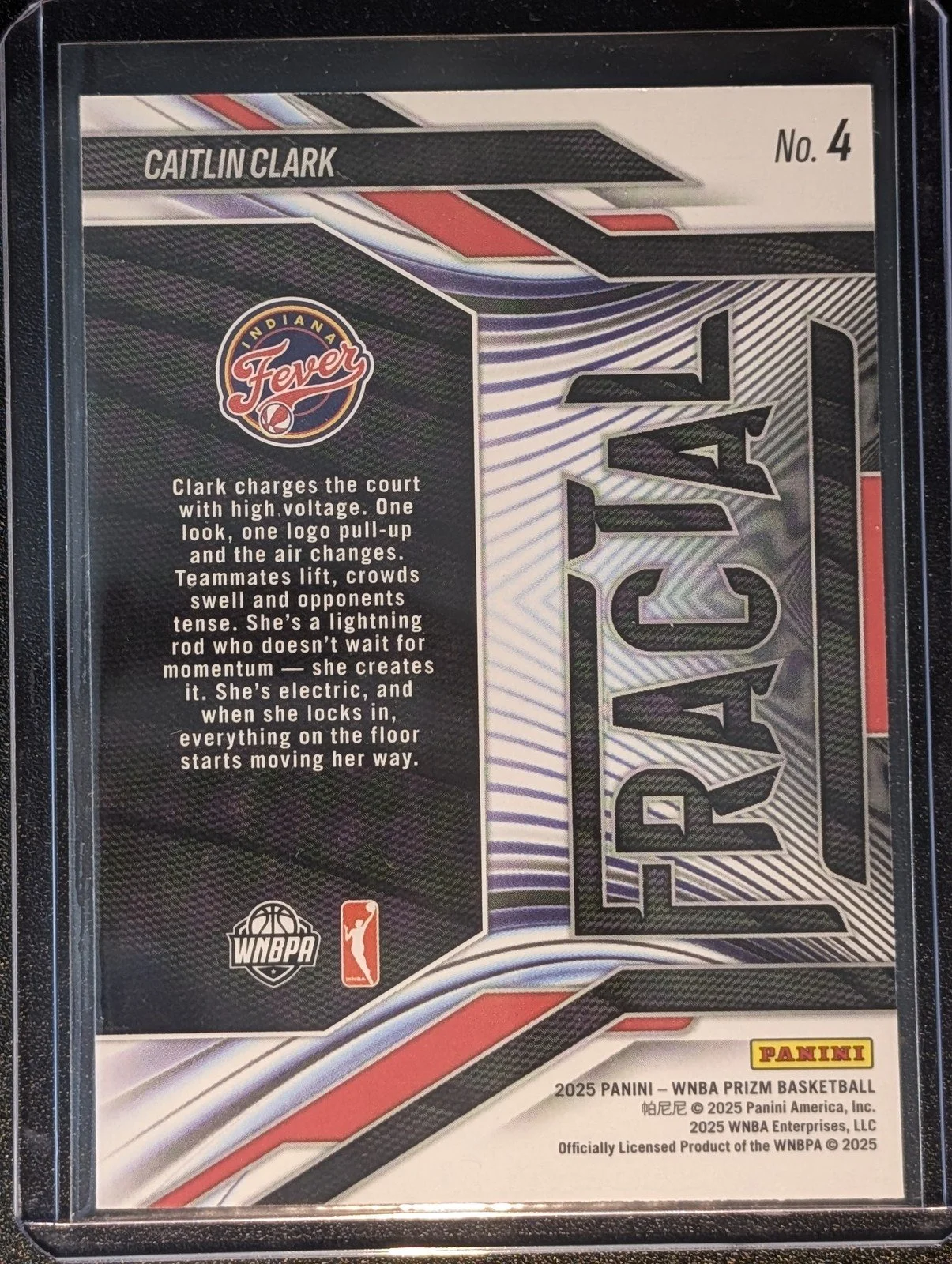 Back of 2025 Panini Prizm WNBA #4 Caitlin Clark Fractal