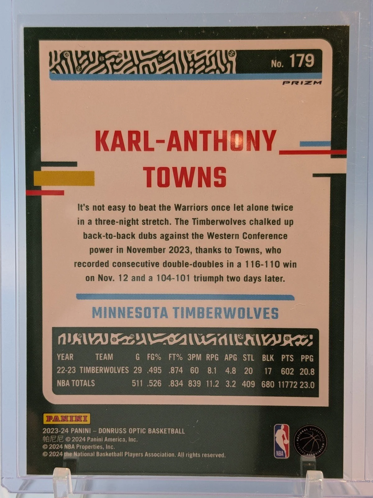 Back of 2023-24 Donruss Optic #179 Karl-Anthony Towns Holo Prizm