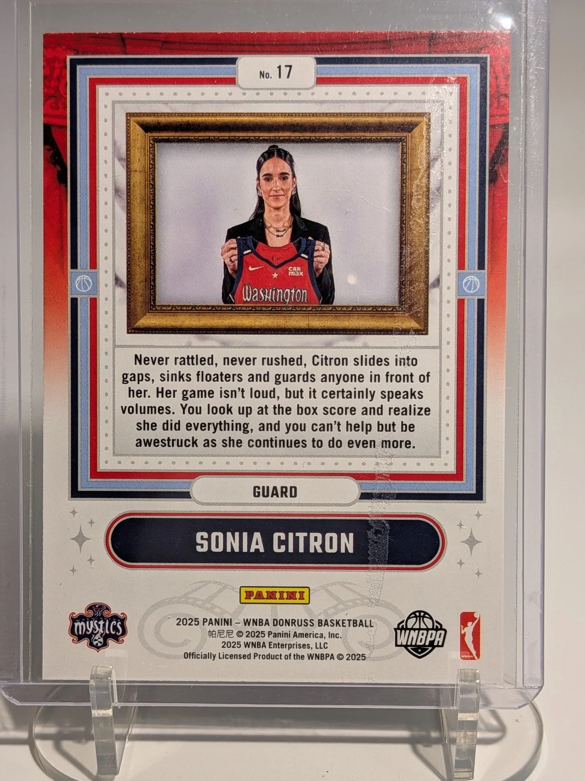 Back of 2025 Donruss WNBA #17 Sonia Citron Franchise Features Rookie