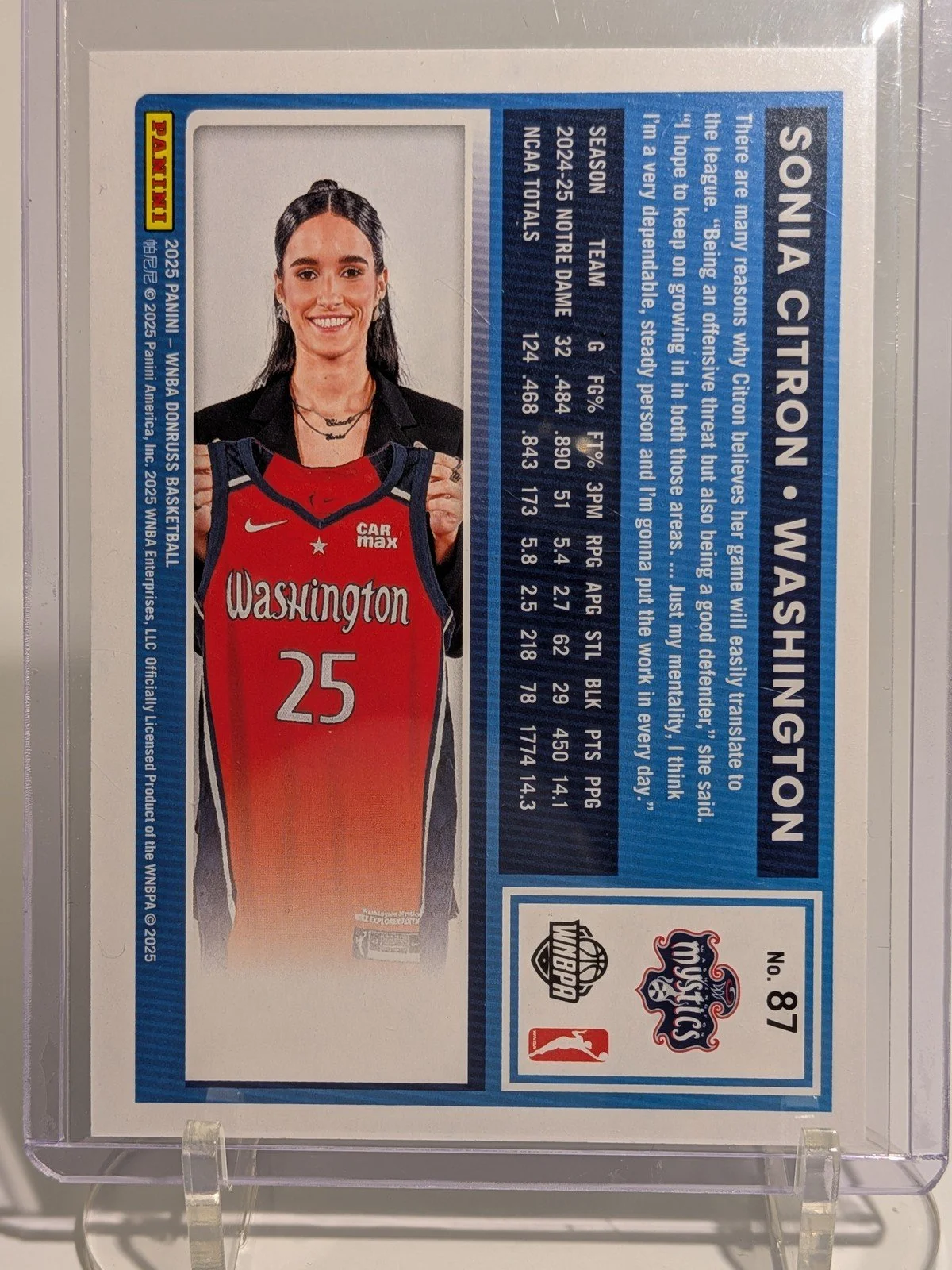 Back of 2025 Donruss WNBA #87 Sonia Citron Green Shimmer RATED ROOKIE
