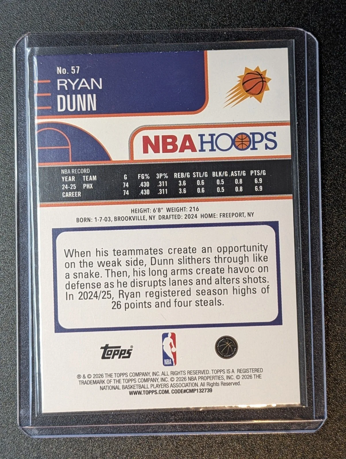 Back of 2025-26 Hoops #57 Ryan Dunn