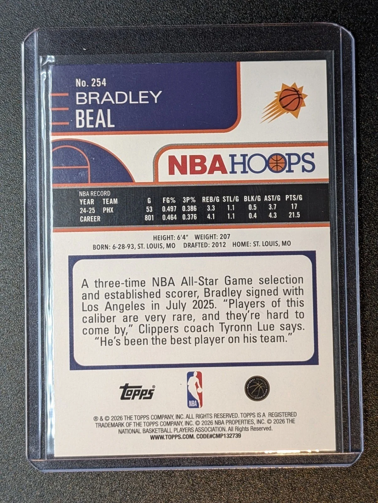 Back of 2025-26 Hoops #254 Bradley Beal