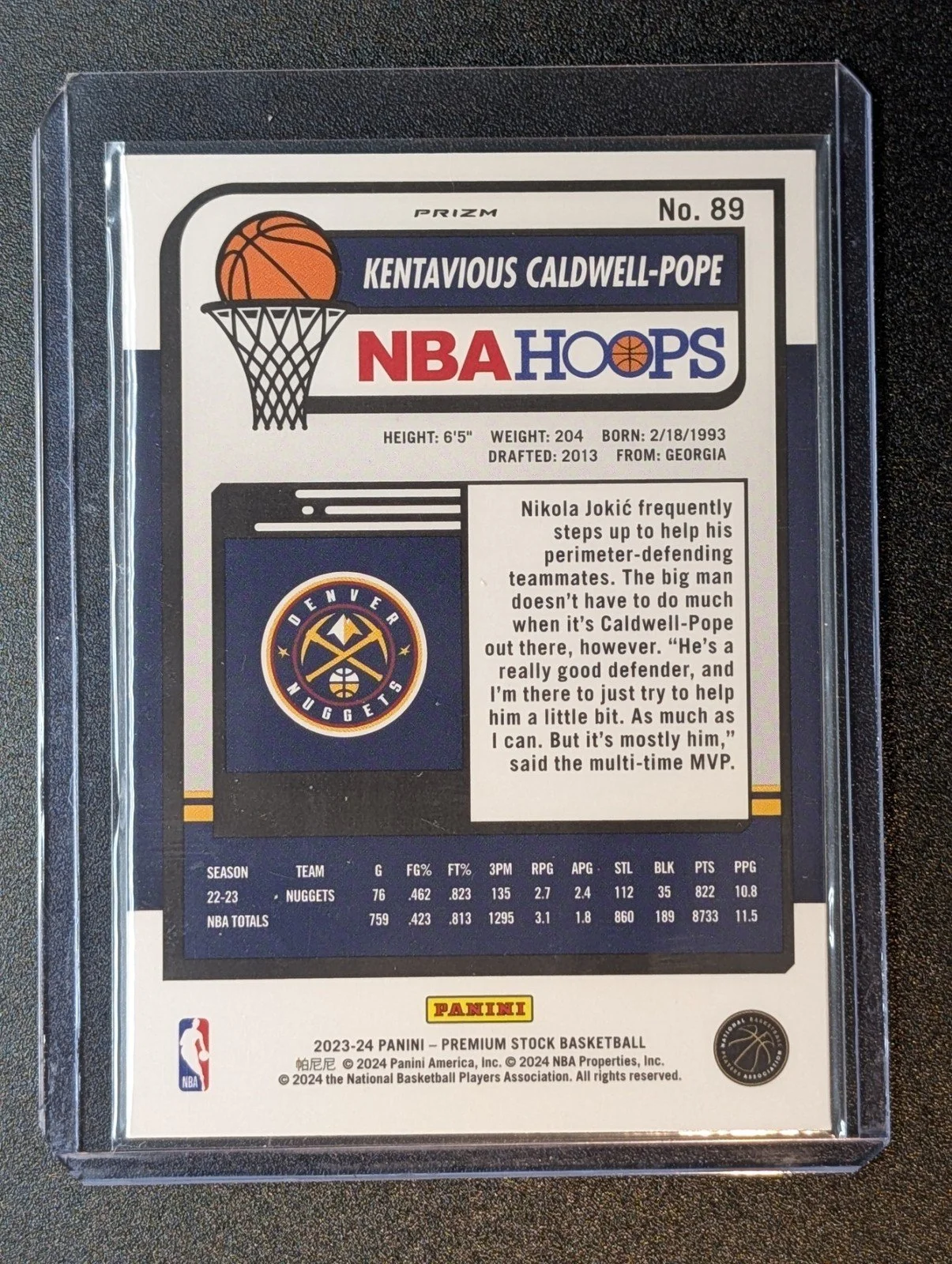 Back of 2023-24 Hoops Premium Stock #89 Kentavious Caldwell-Pope Ice Prizm
