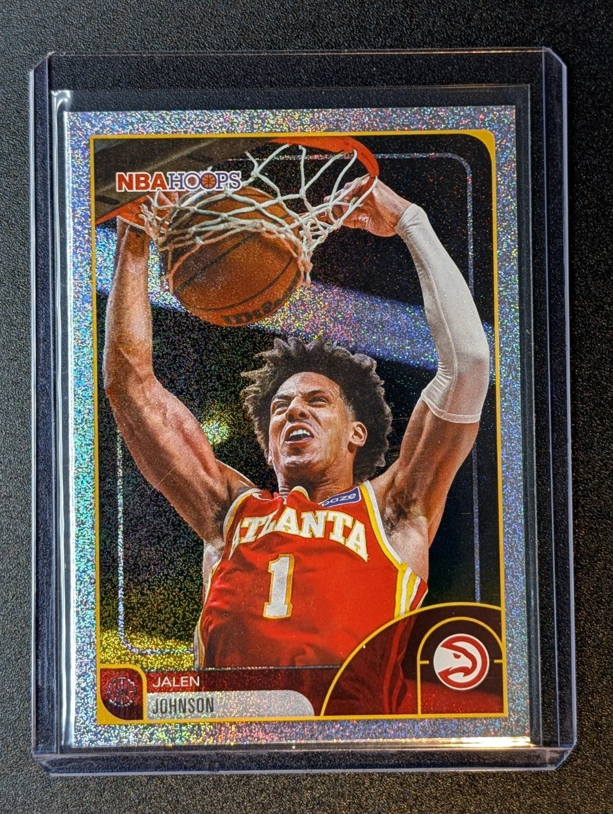Front of 2025-26 Hoops #50 Jalen Johnson sand glitter