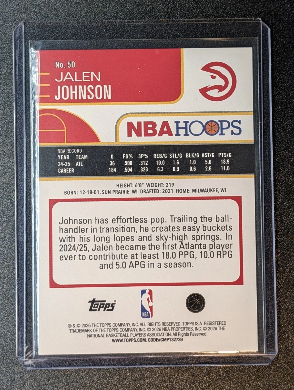 Back of 2025-26 Hoops #50 Jalen Johnson sand glitter