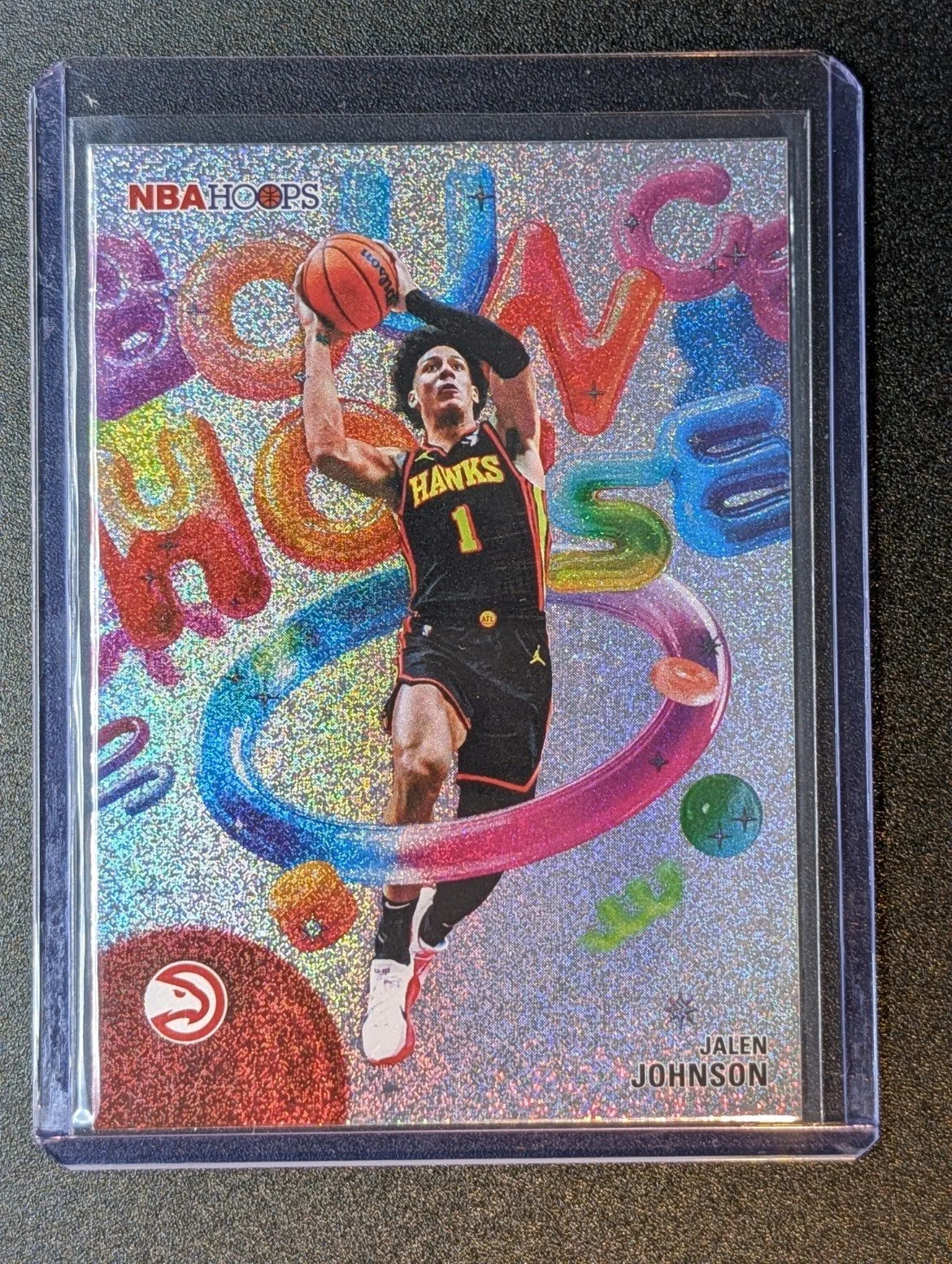 Front of 2025-26 Hoops #BH-15 Jalen Johnson Bounce House Pixel Burst