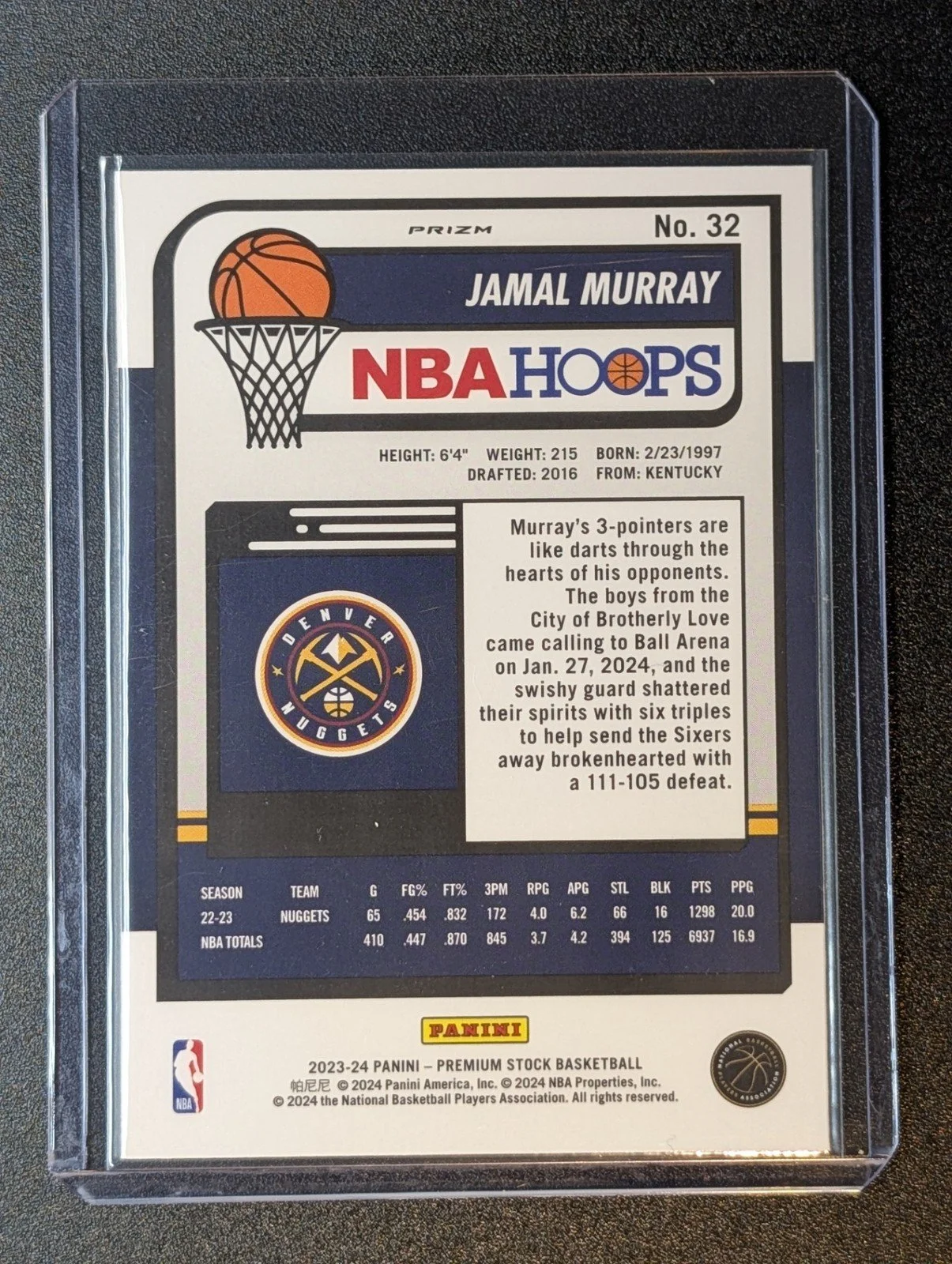 Back of 2023-24 Hoops Premium Stock #32 Jamal Murray Ice Prizm