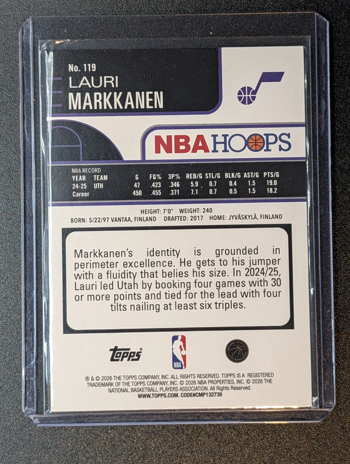 Back of 2025-26 Hoops #119 Lauri Markkanen Green Blue /249