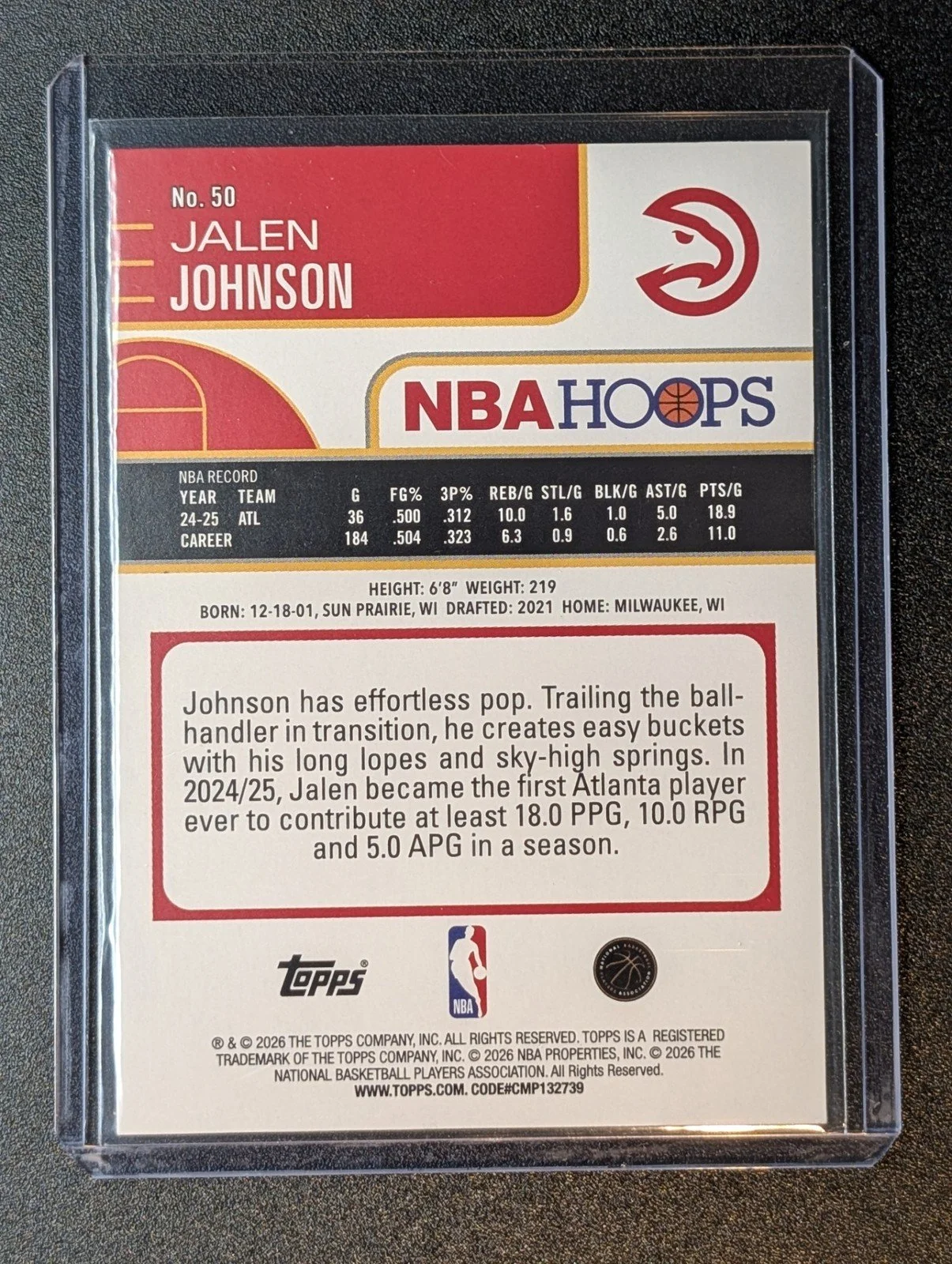 Back of 2025-26 Hoops #50 Jalen Johnson Light Burst