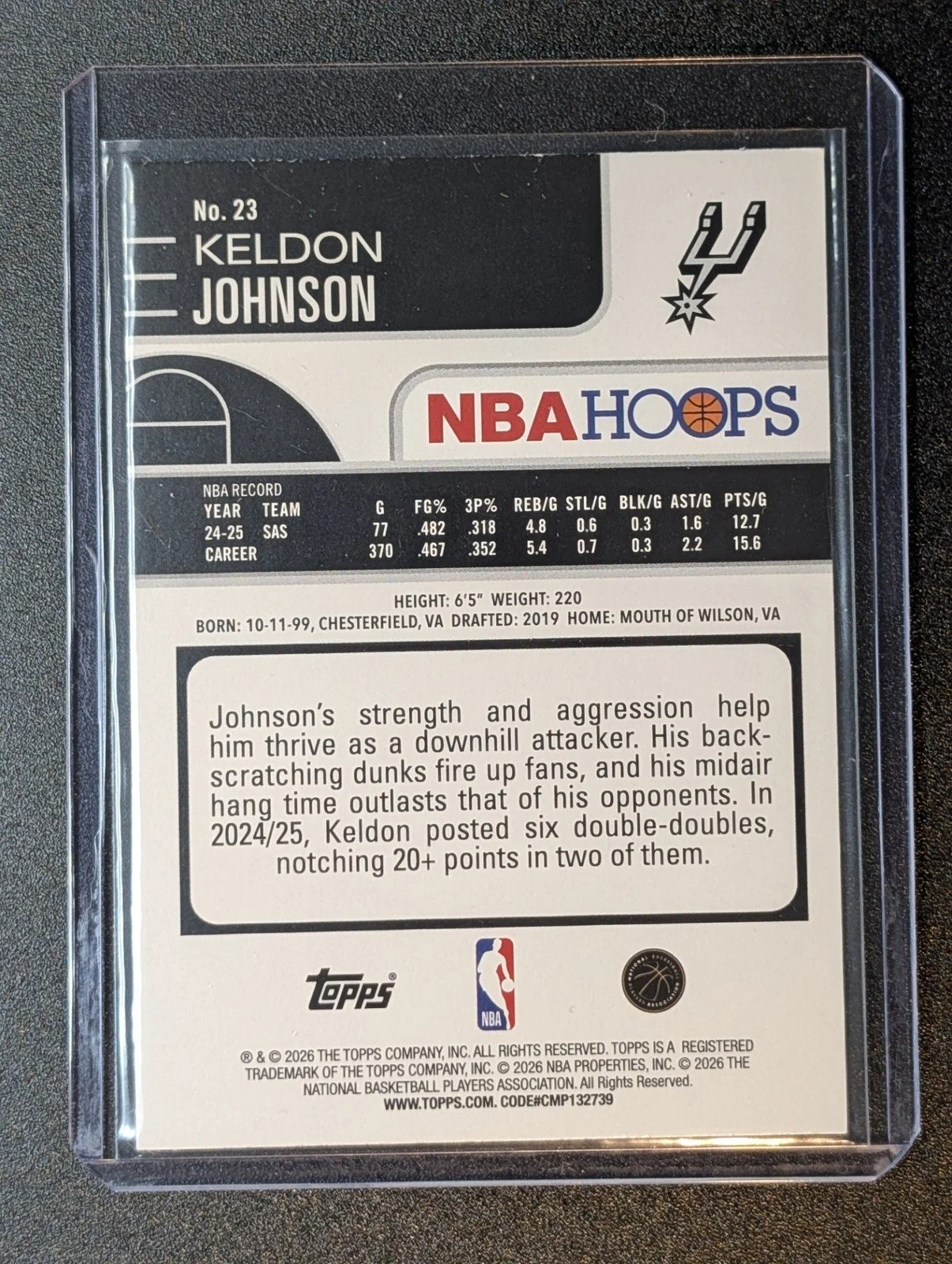 Back of 2025-26 Hoops #23 Keldon Johnson Light Burst