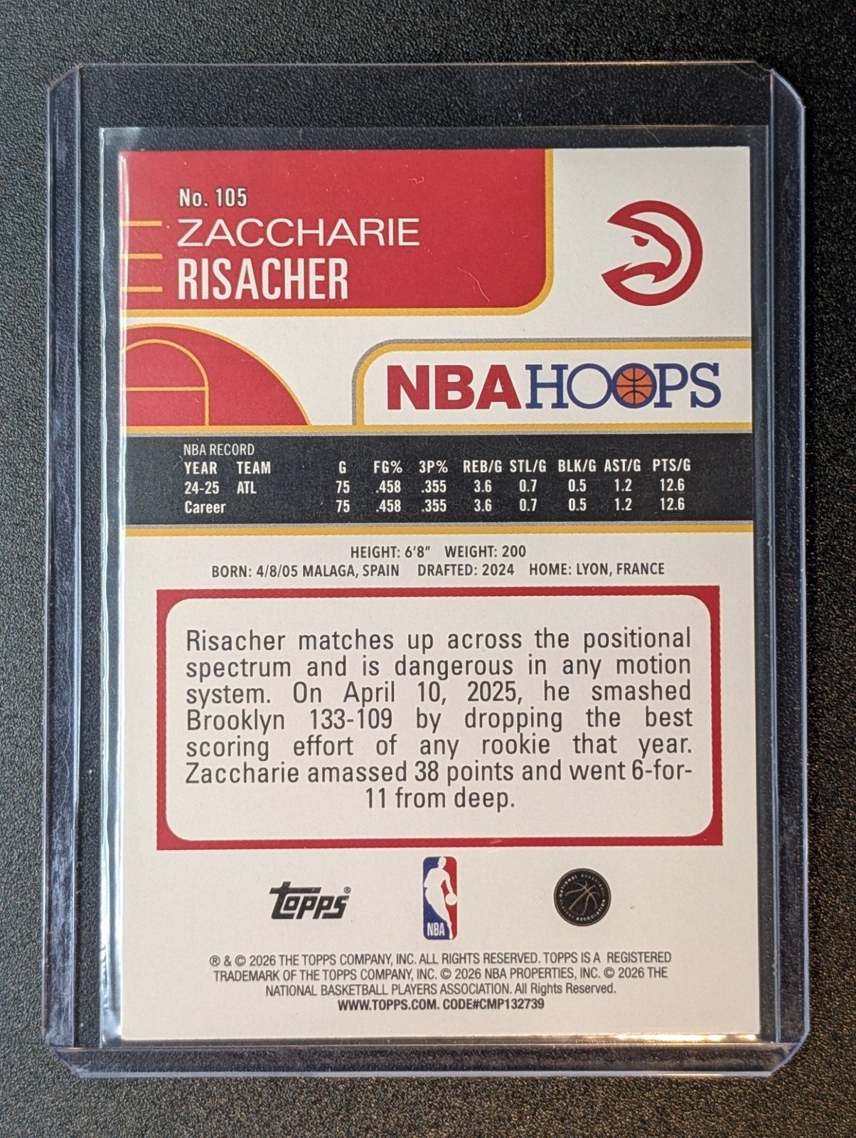 Back of 2025-26 Hoops #105 Zaccharie Risacher Pixel Burst