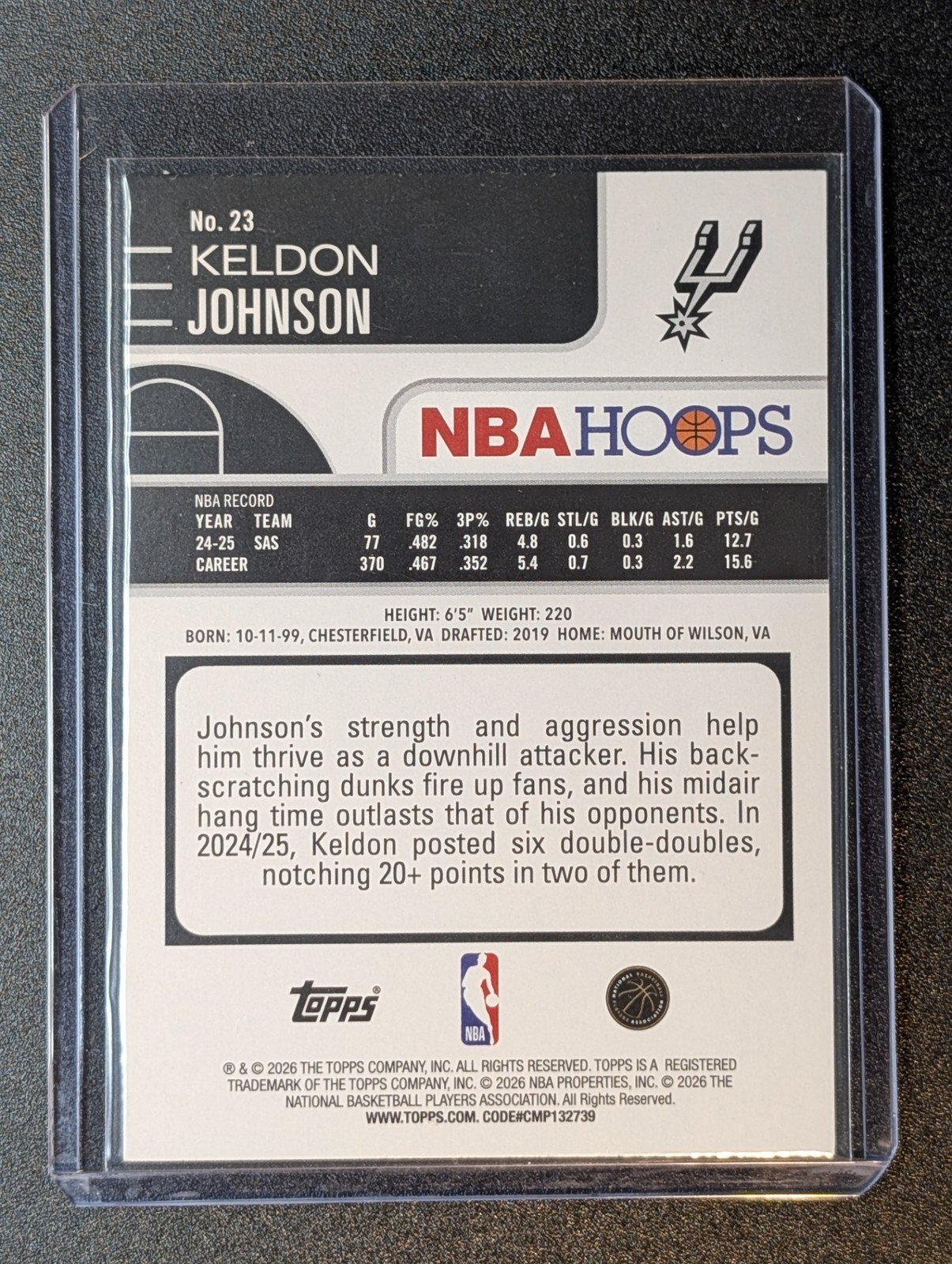 Back of 2025-26 Hoops #23 Keldon Johnson Green Pixel Burst /75