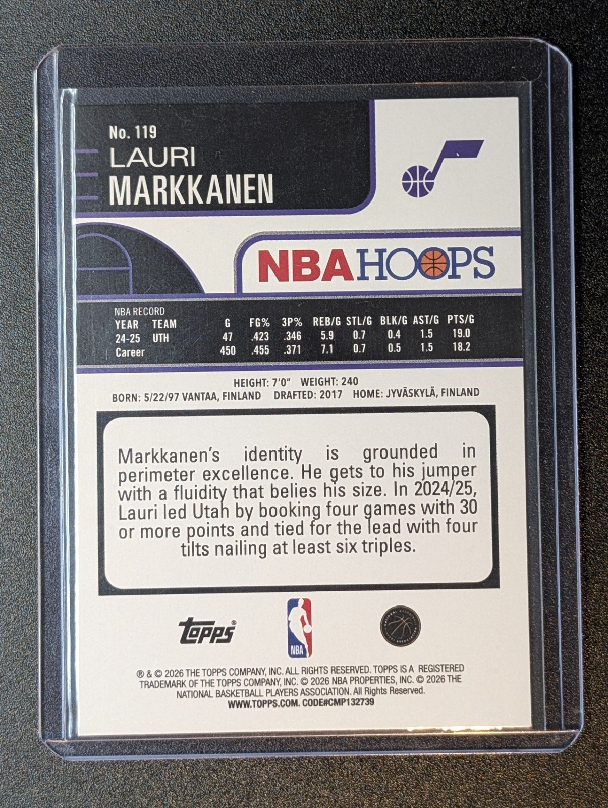 Back of 2025-26 Hoops #119 Lauri Markkanen Pixel Burst