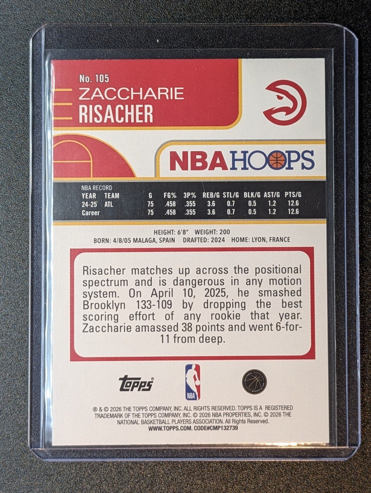Back of 2025-26 Hoops #105 Zaccharie Risacher Light Burst