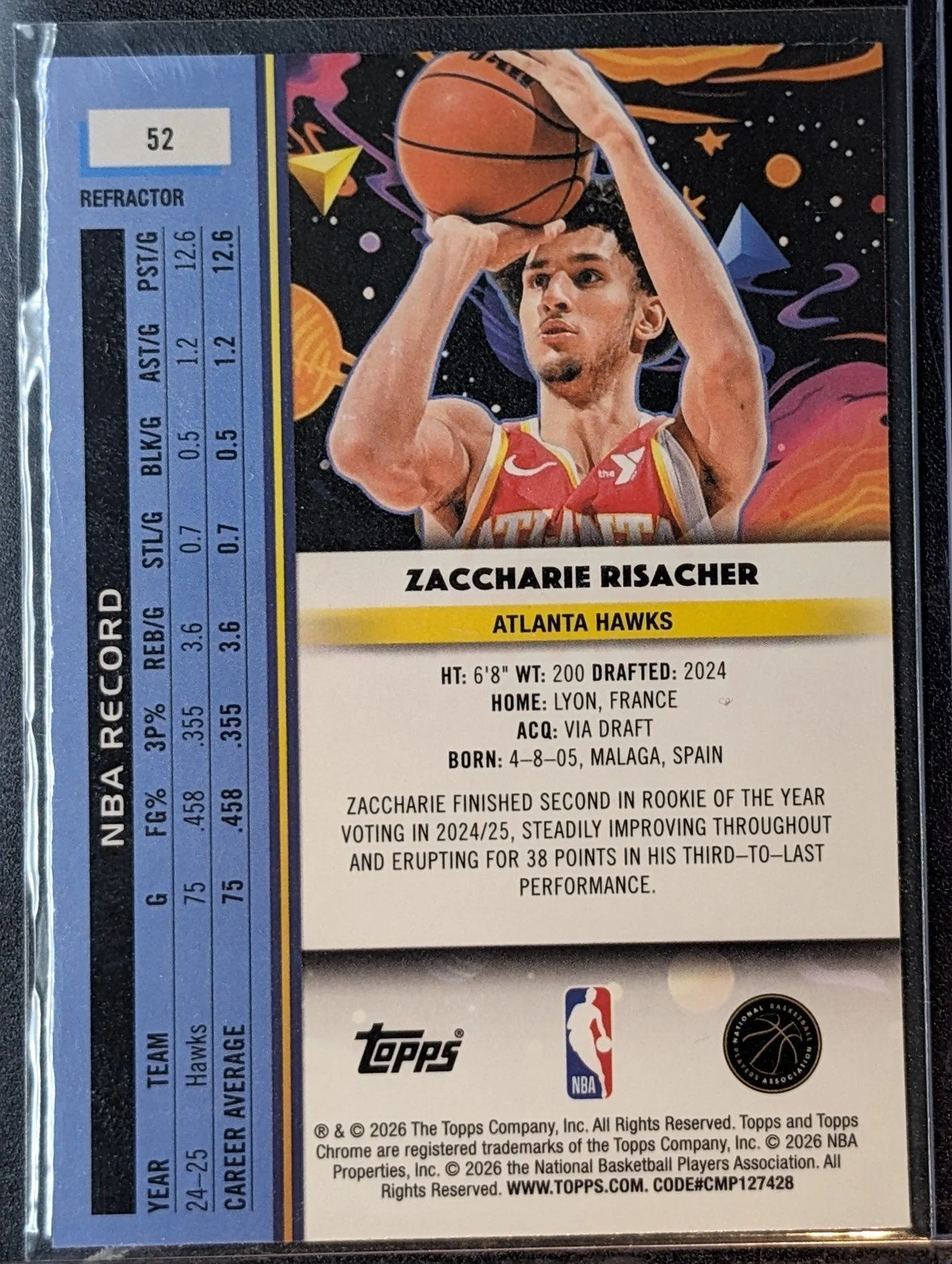 Back of 2025-26 Topps Chrome Cosmic #52 Zaccharie Risacher Refractors