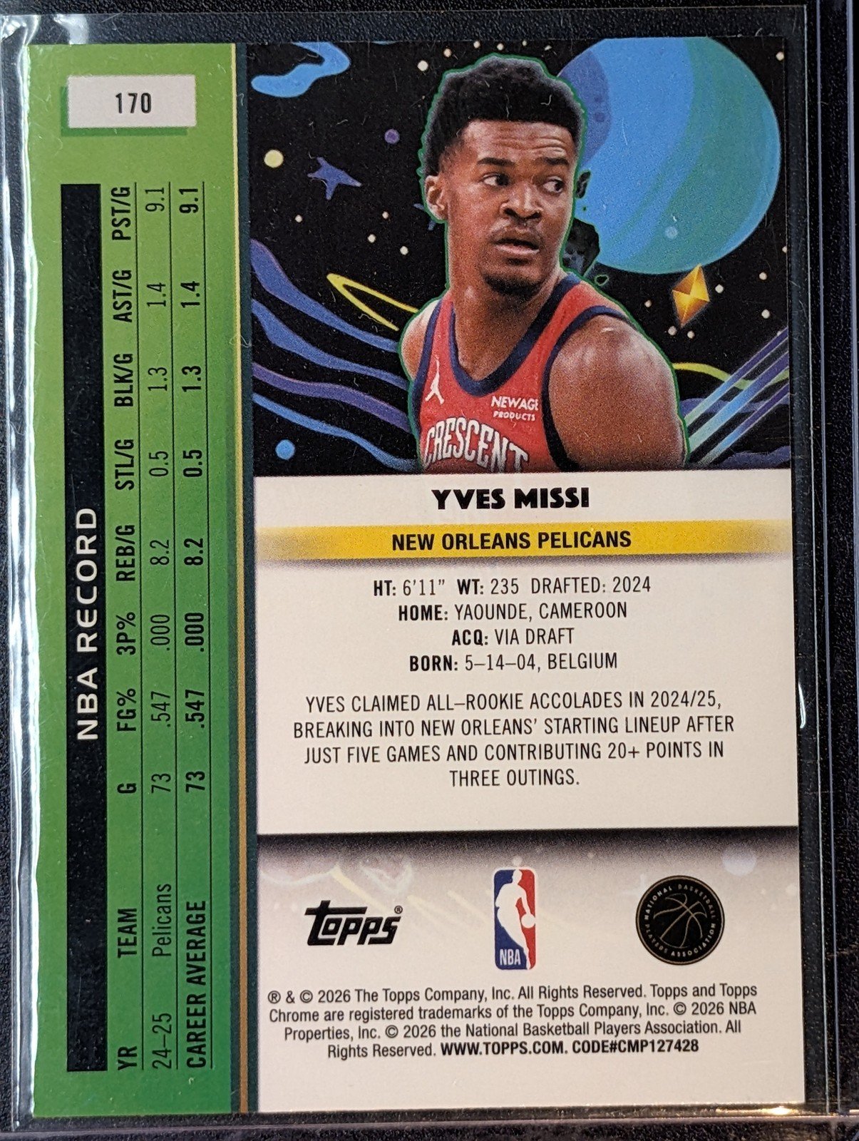 Back of 2025-26 Topps Chrome Cosmic #170 Yves Missi Nucleus Refractors