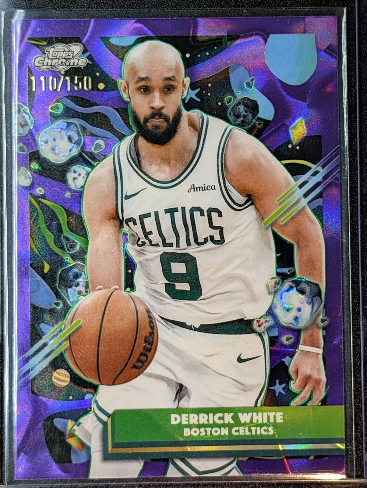Front of 2025-26 Topps Chrome Cosmic #105 Derrick White Purple Nebula Refractor /150