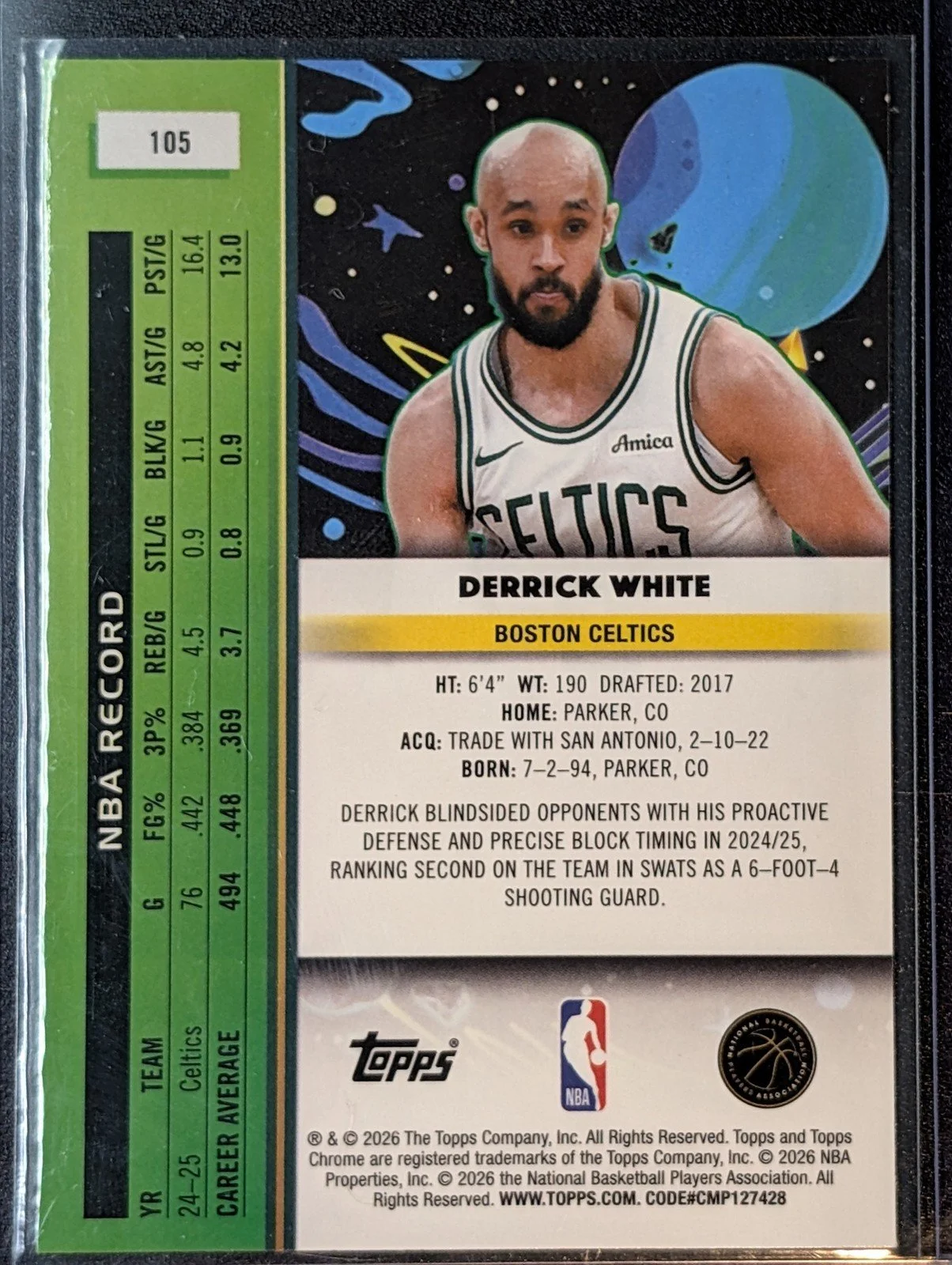 Back of 2025-26 Topps Chrome Cosmic #105 Derrick White Purple Nebula Refractor /150