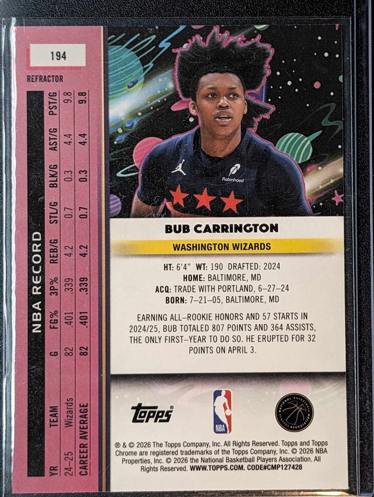 Back of 2025-26 Topps Chrome Cosmic #194 Bub Carrington Refractors
