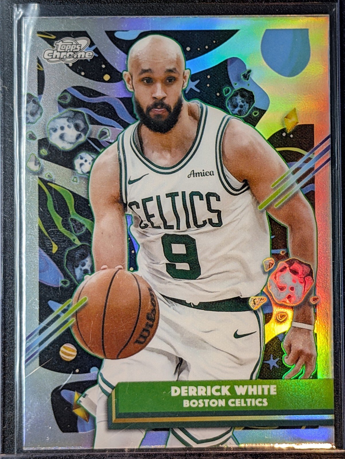 Front of 2025-26 Topps Chrome Cosmic #105 Derrick White Refractors