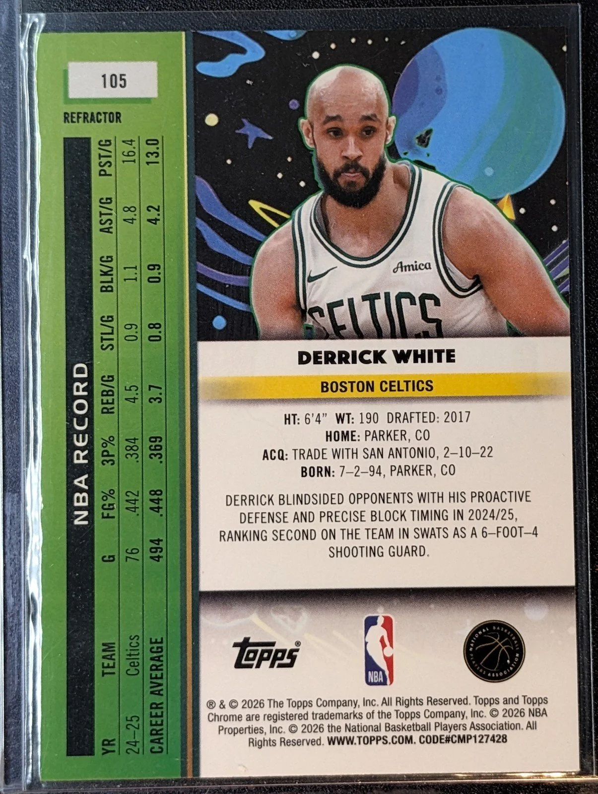 Back of 2025-26 Topps Chrome Cosmic #105 Derrick White Refractors