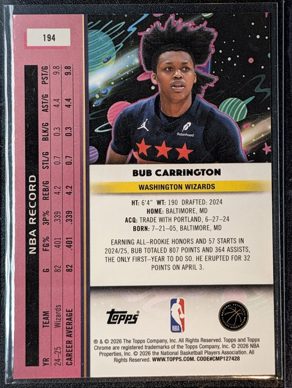 Back of 2025-26 Topps Chrome Cosmic #194 Bub Carrington Nucleus Refractors