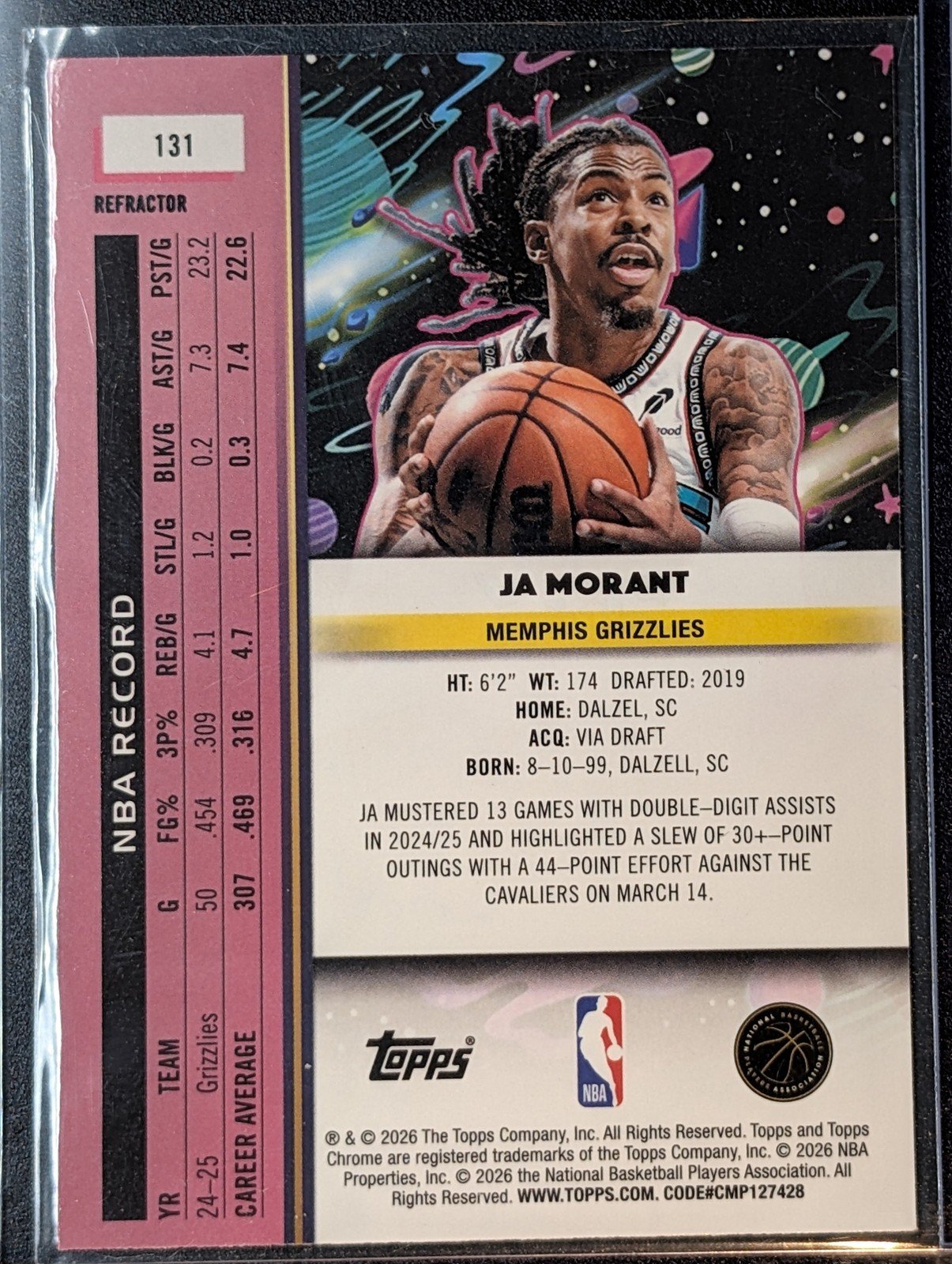 Back of 2025-26 Topps Chrome Cosmic #131 Ja Morant Refractors