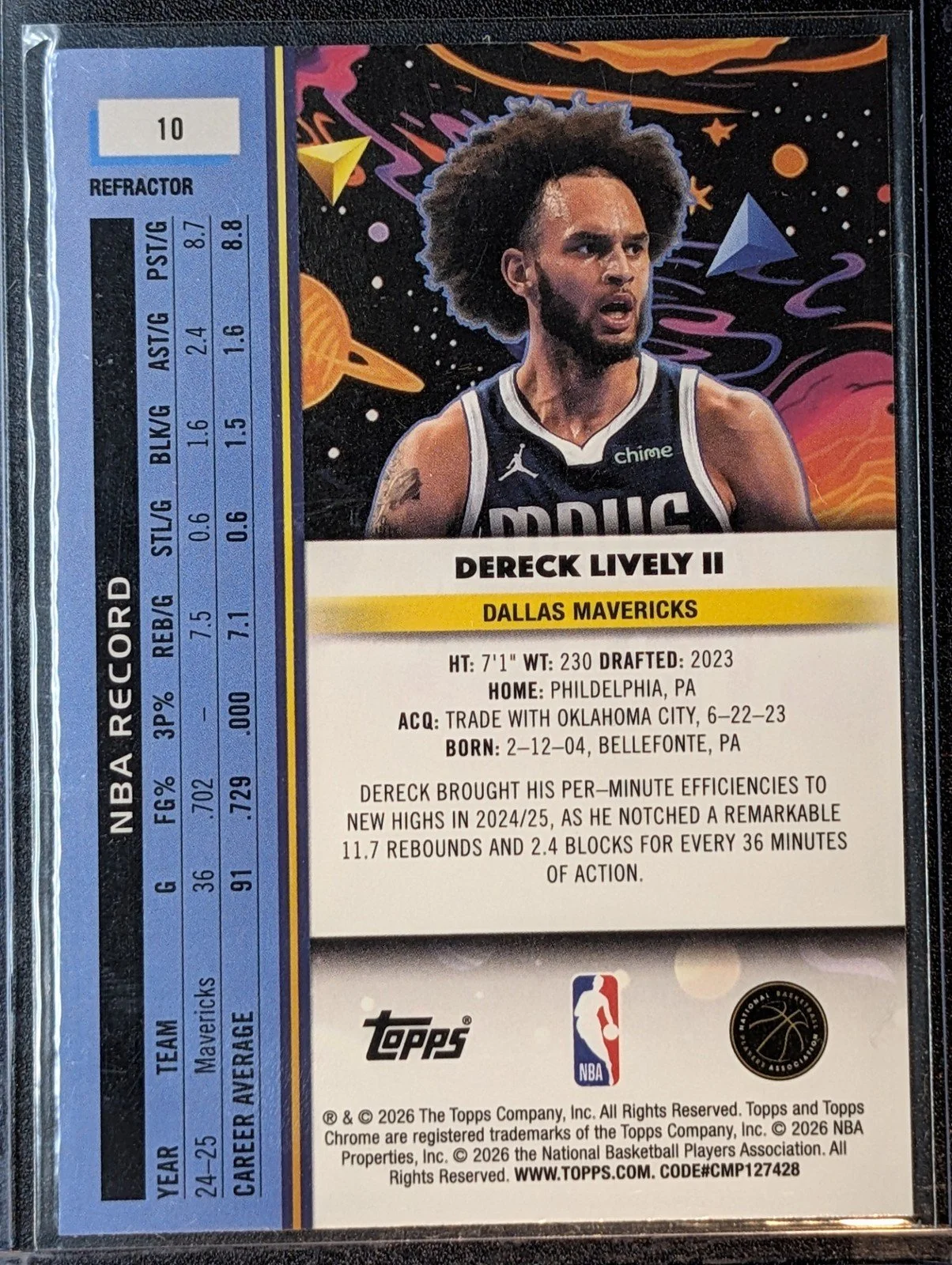 Back of 2025-26 Topps Chrome Cosmic #10 Dereck Lively II Refractors