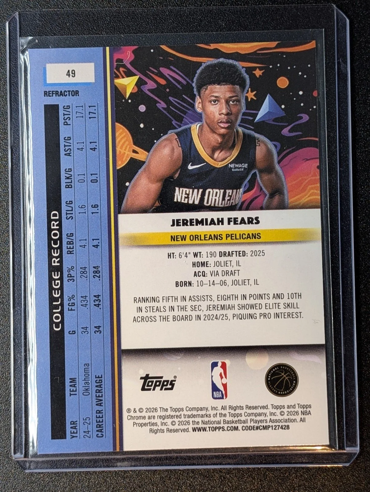 Back of 2025-26 Topps Chrome Cosmic #49 Jeremiah Fears Refractors RC