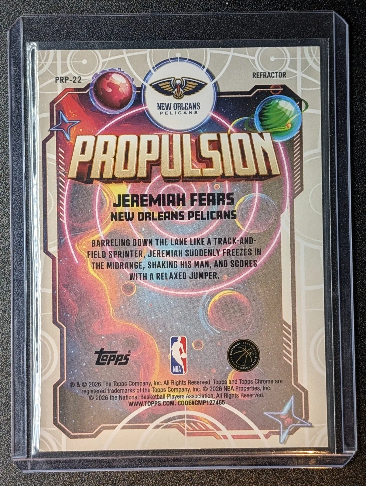 Back of 2025-26 Topps Chrome Cosmic #PRP-22 Jeremiah Fears Propulsion Refractor RC