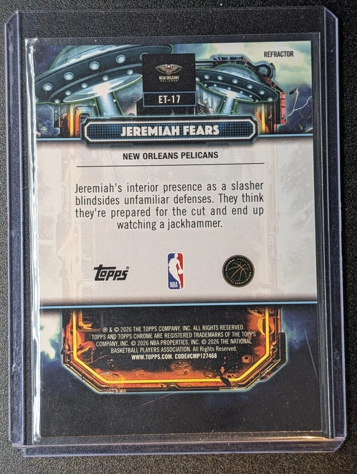 Back of 2025-26 Topps Chrome Cosmic #ET-17 Jeremiah Fears ET Refractor RC