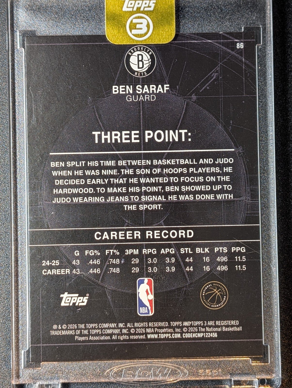 Back of 2025-26 Topps 3 #86 Ben Saraf Blue /15 RC