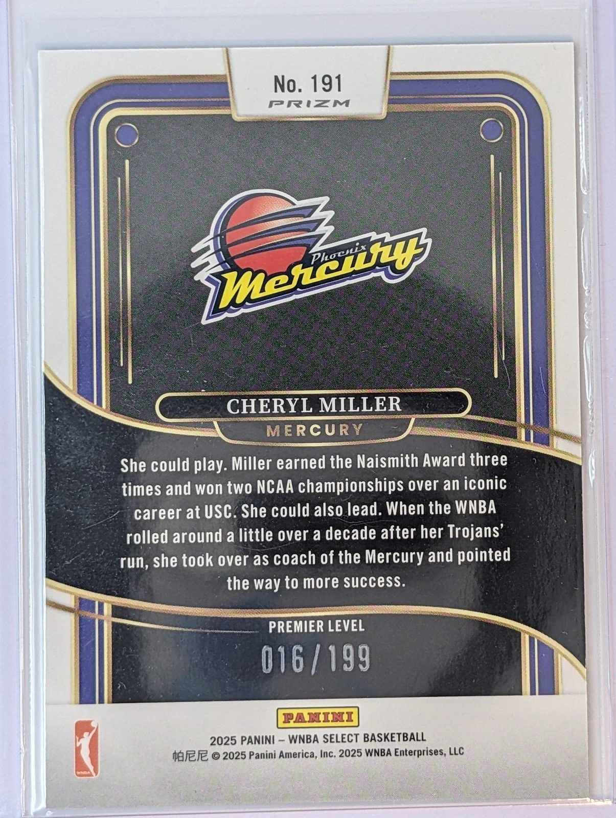 Back of 2025 Panini Select WNBA #191 Cheryl Miller Blue Prizm /199