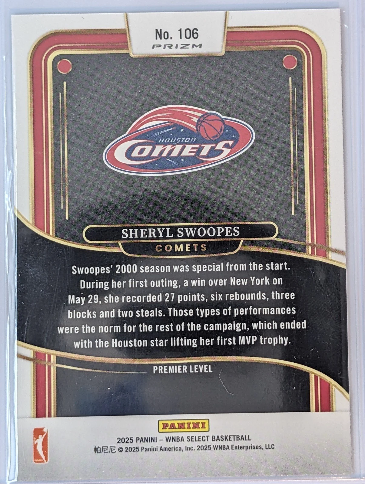 Back of 2025 Panini Select WNBA #106 Sheryl Swoopes Silver Prizms
