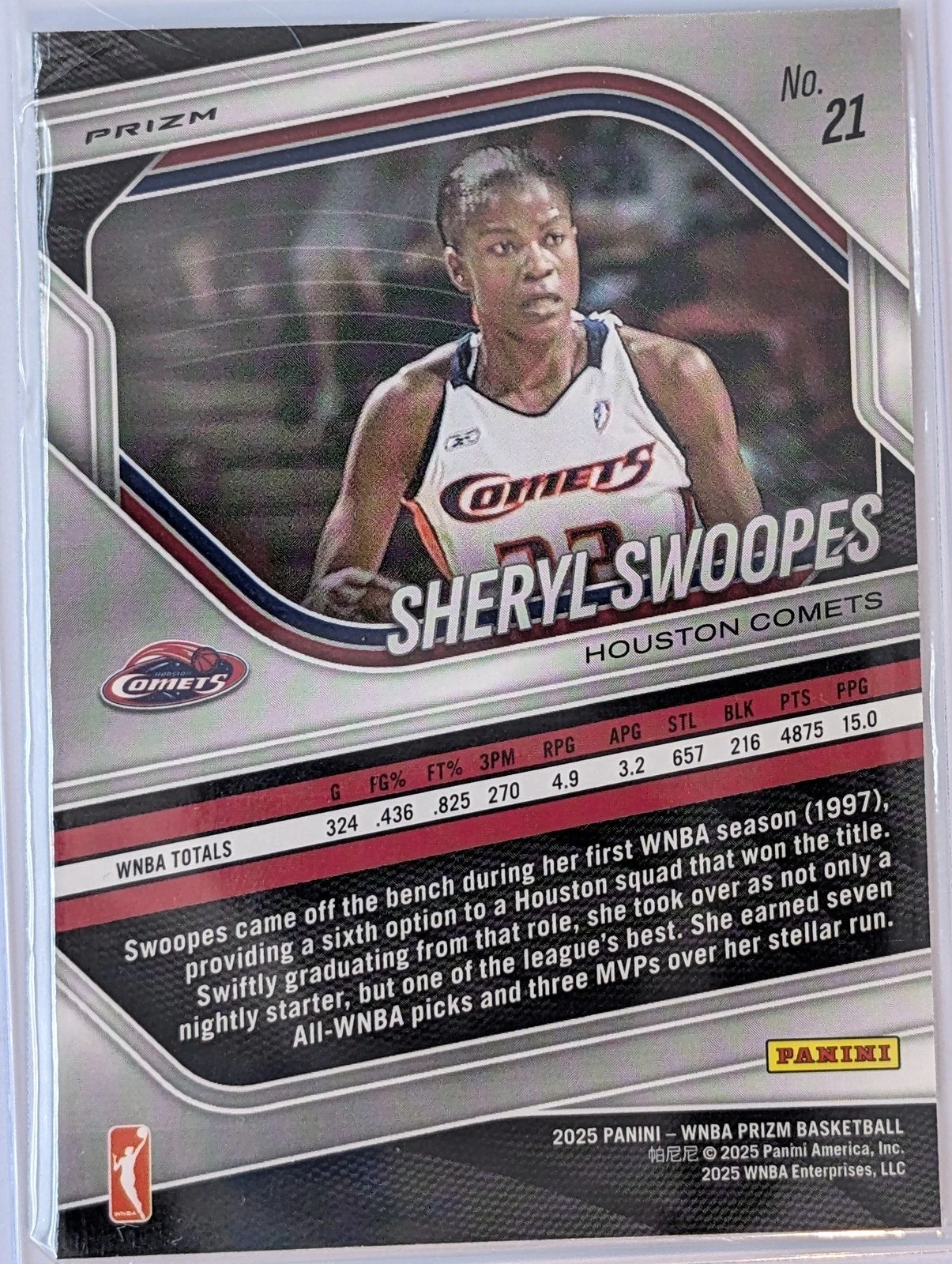 Back of 2025 Panini Select WNBA #21 Sheryl Swoopes