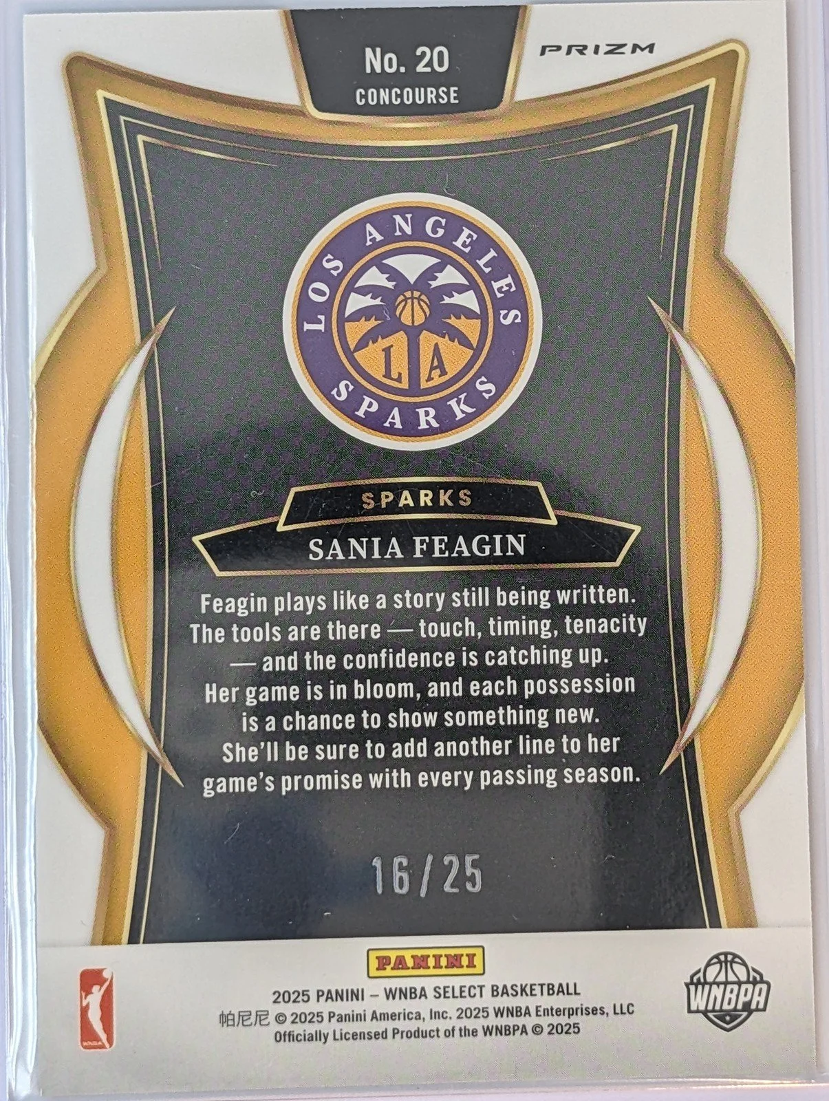 Back of 2025 Panini Select WNBA #20 Sania Feagin Tie-Dye Prizms #/25