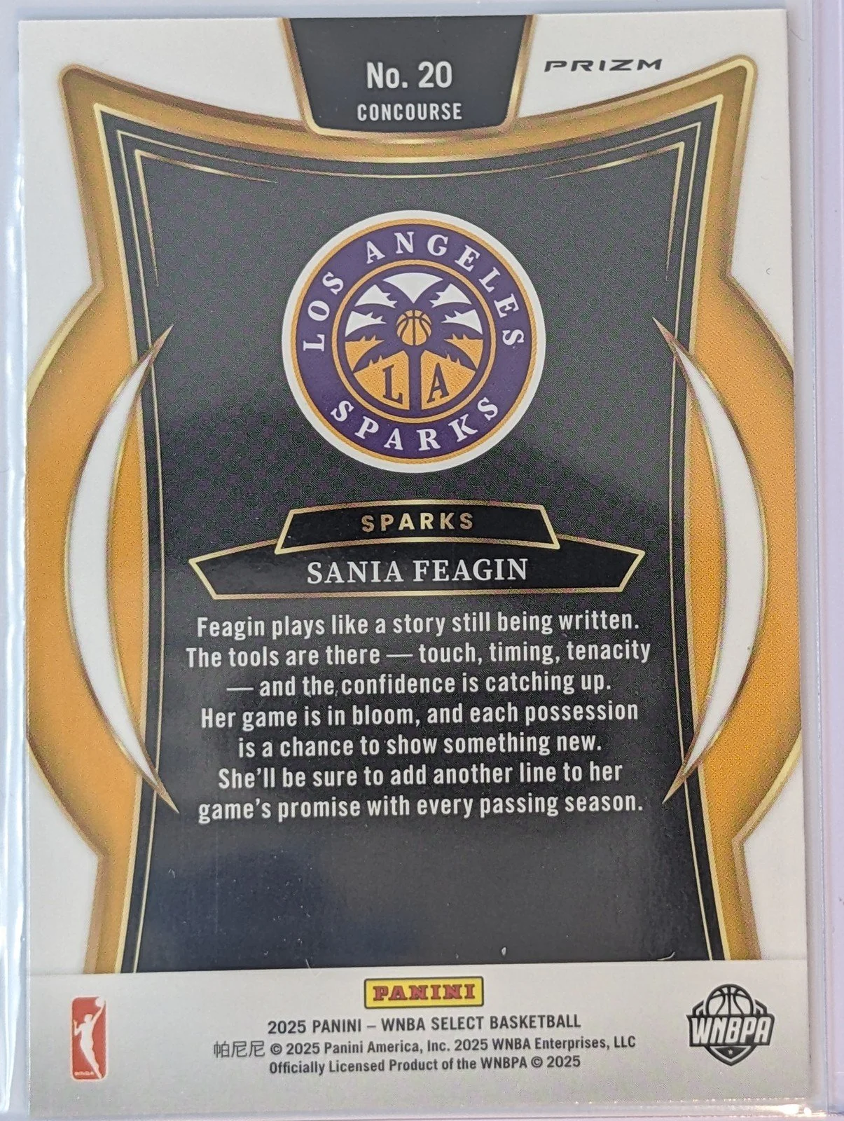 Back of 2025 Panini Select WNBA #20 Sania Feagin Silver Prizms
