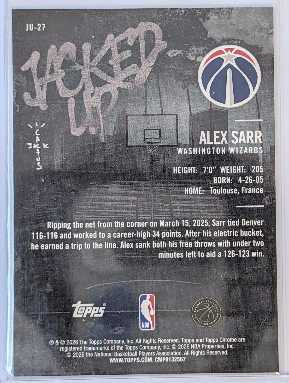 Back of 2025-26 Topps Chrome Cactus Jack #JU-27 Alex Sarr Jacked Up