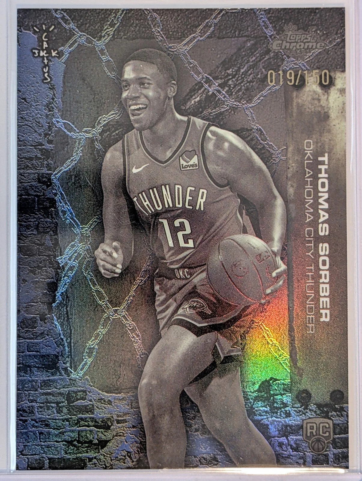 Front of 2025-26 Topps Chrome Cactus Jack /150  #75 Thomas Sorber Blue Refractor