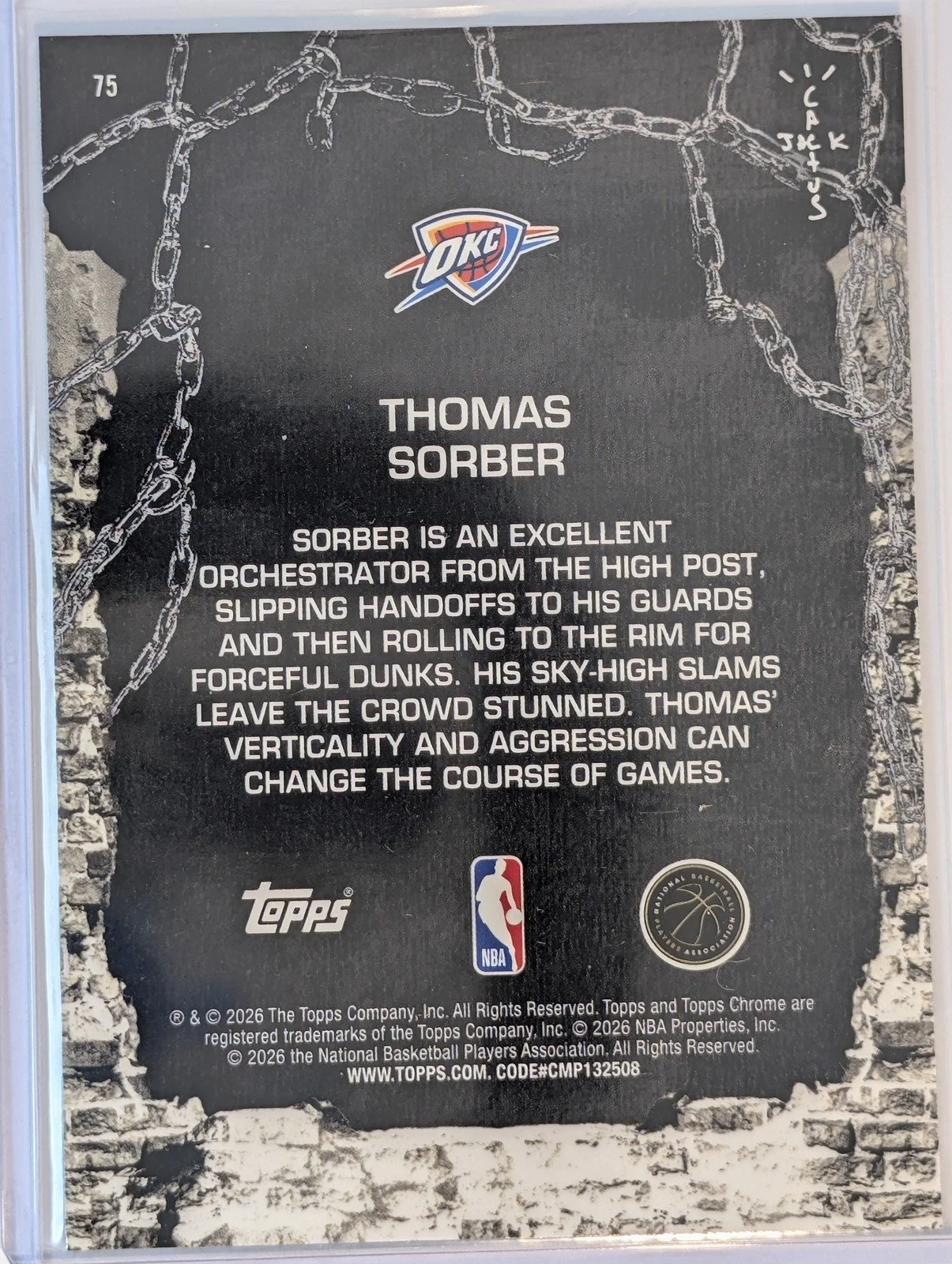 Back of 2025-26 Topps Chrome Cactus Jack /150  #75 Thomas Sorber Blue Refractor