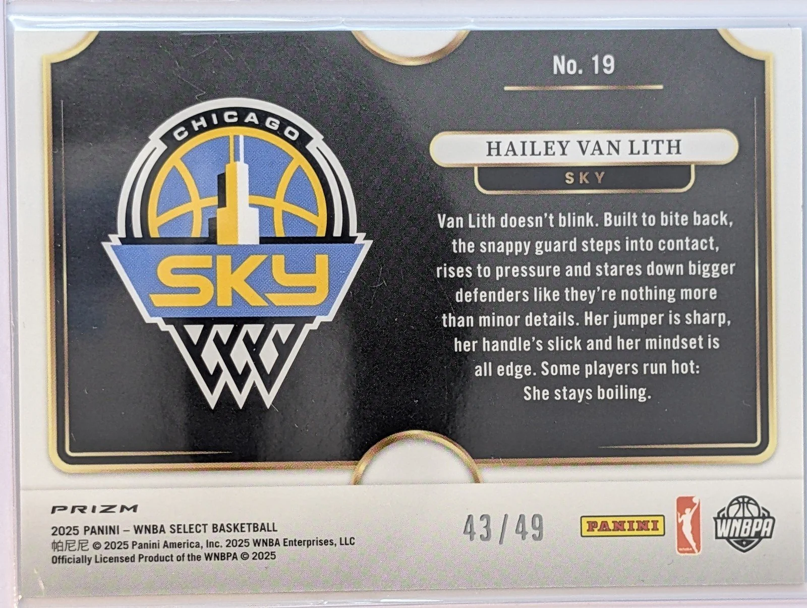 Back of 2025 Panini Select WNBA /49 #19 Hailey Van Lith Snapshots Blue RC