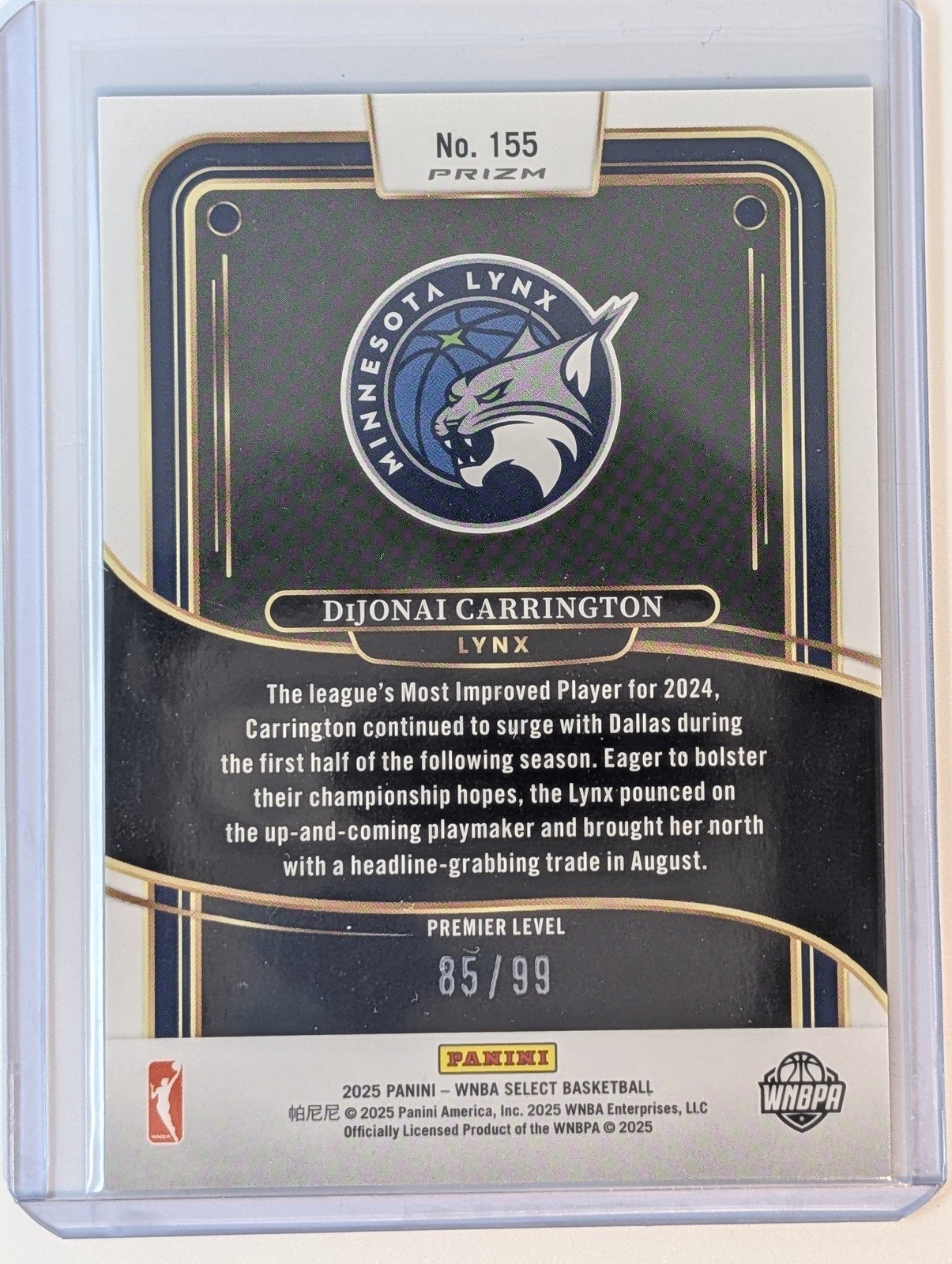 Back of 2025 Panini Select WNBA /99 #155 DiJonai Carrington White Prizms