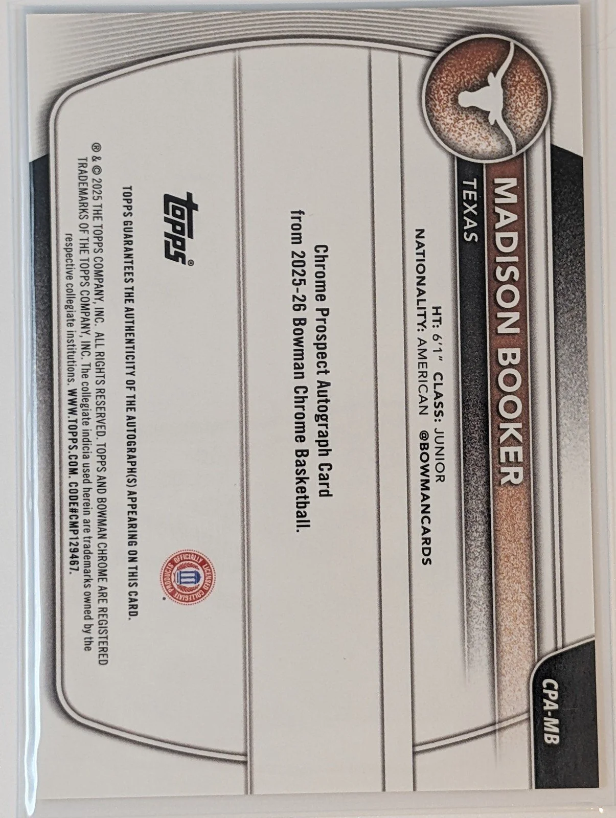 Back of 2025-26  #CPA-MB Madison Booker Chrome Prospect Auto Reptilian Orange /25