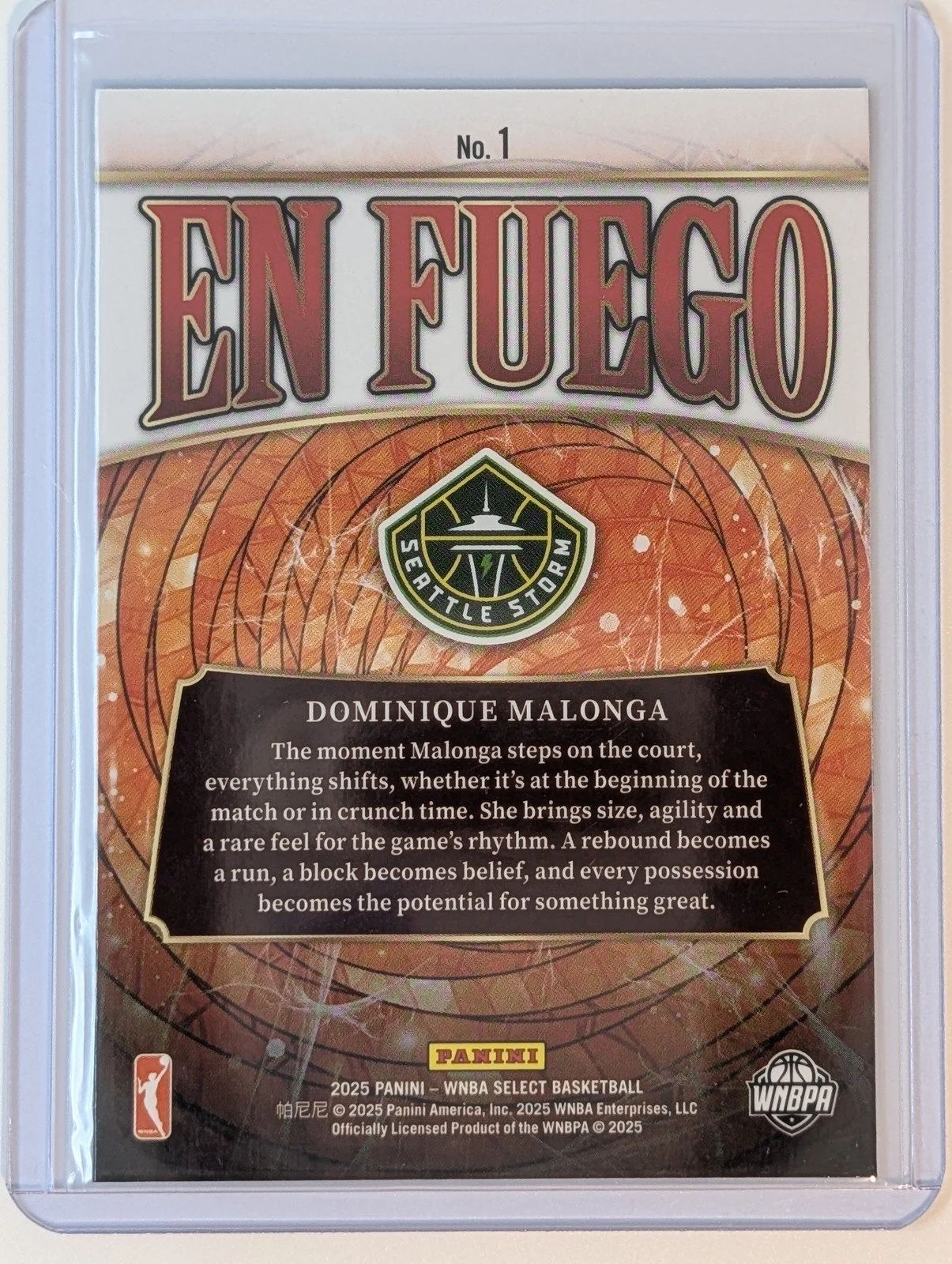 Back of 2025 Panini Select WNBA #1 Dominique Malonga En Fuego RC