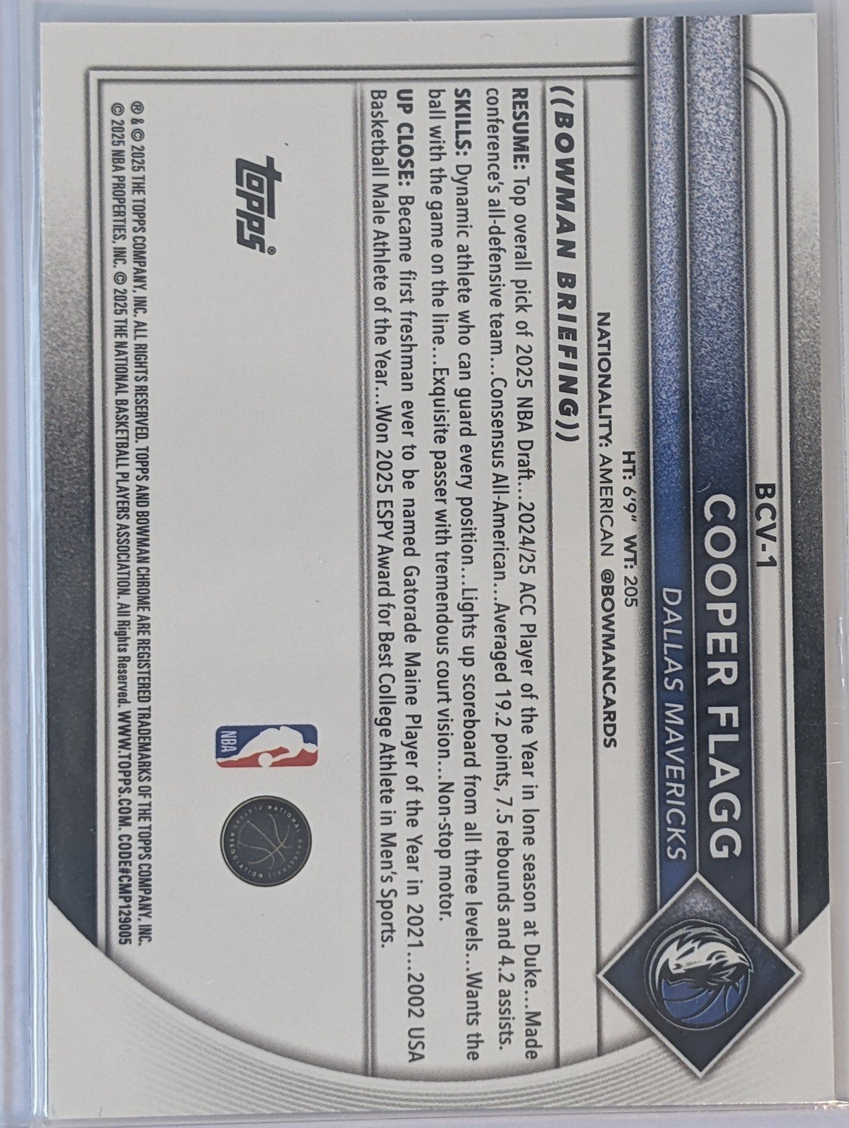 Back of Cooper Flagg 2025-26 Bowman Chrome Mojo Refractor #BCV-1 Rookie RC Mavericks
