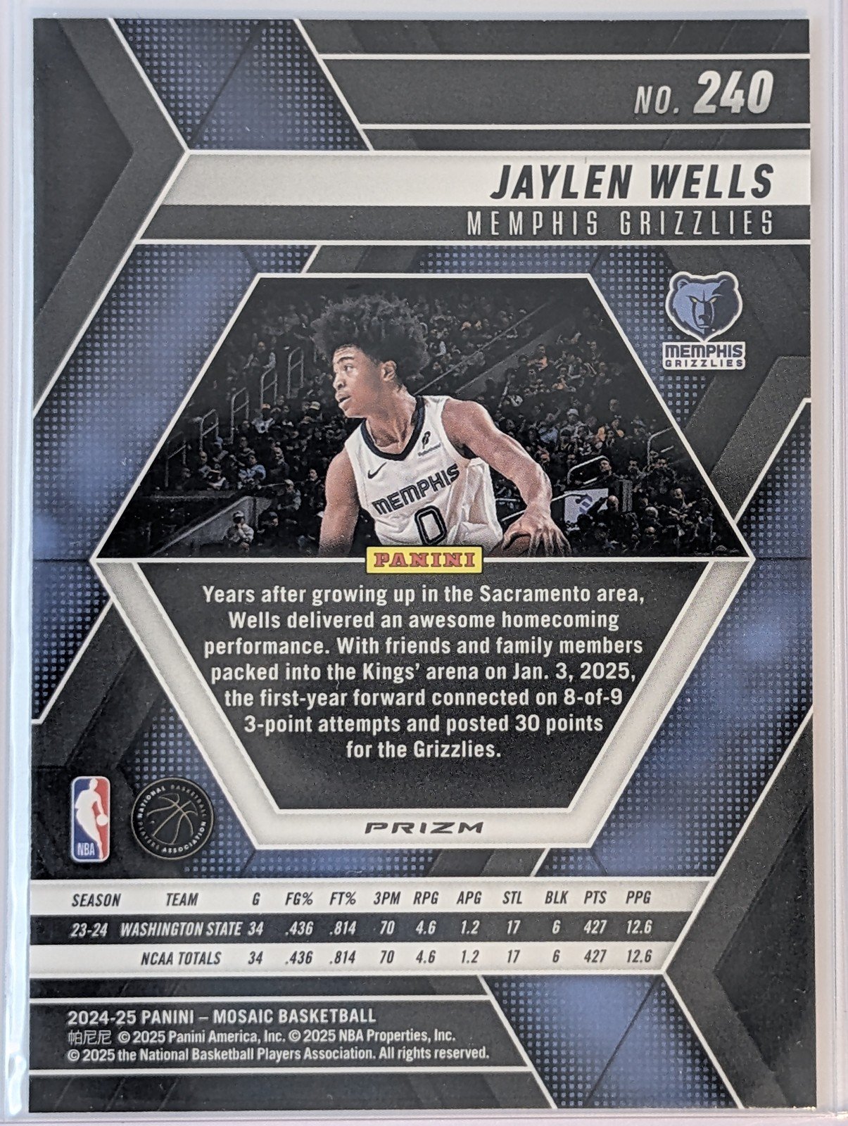 Back of 2024-25 Panini Mosaic #240 Jaylen Wells Choice Red and Green Mosaic