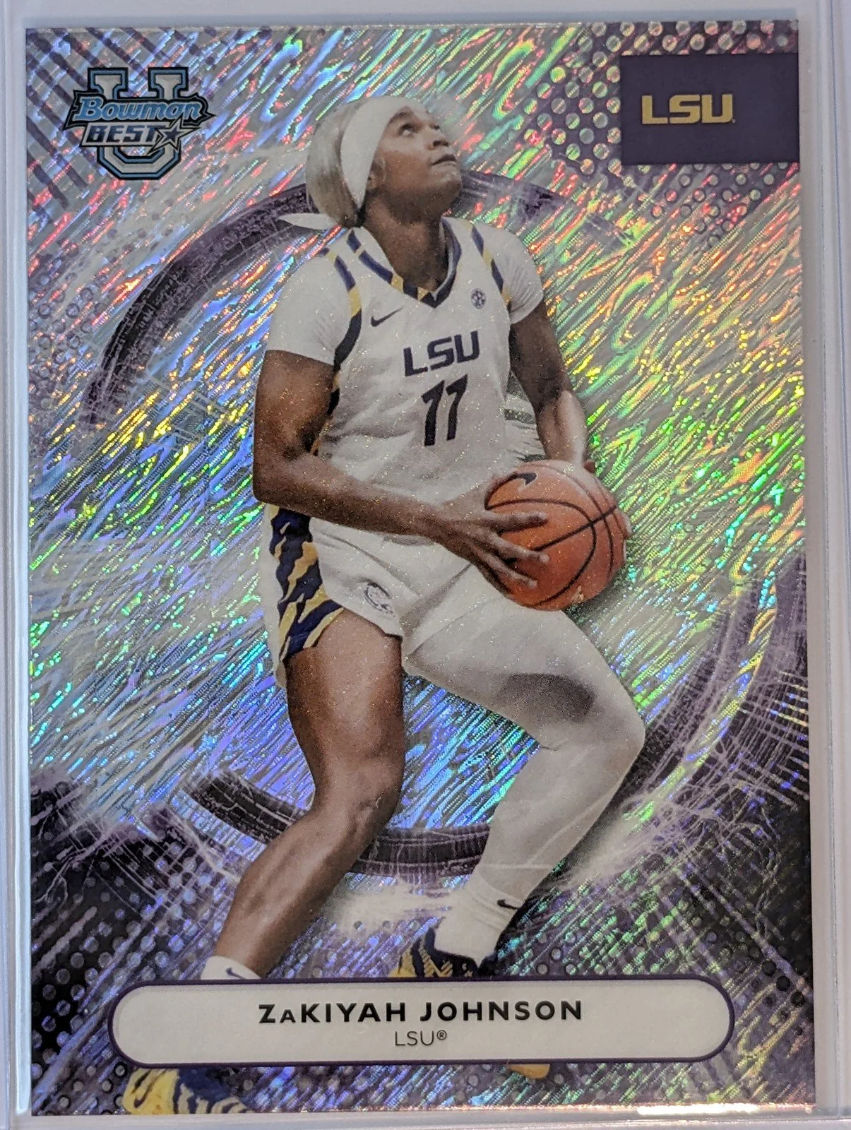 Front of ZaKiyah Johnson 2025-26 Bowman U Best Shimmer Refractor #81 LSU