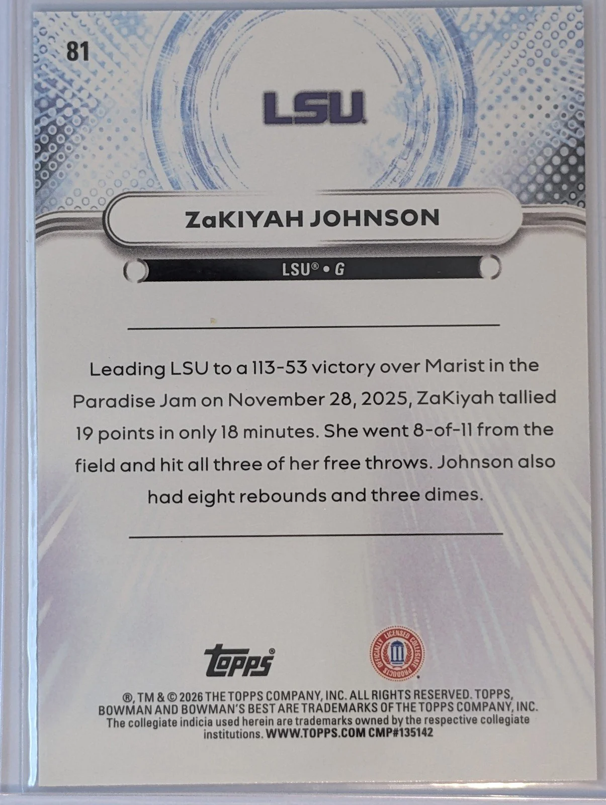 Back of ZaKiyah Johnson 2025-26 Bowman U Best Shimmer Refractor #81 LSU