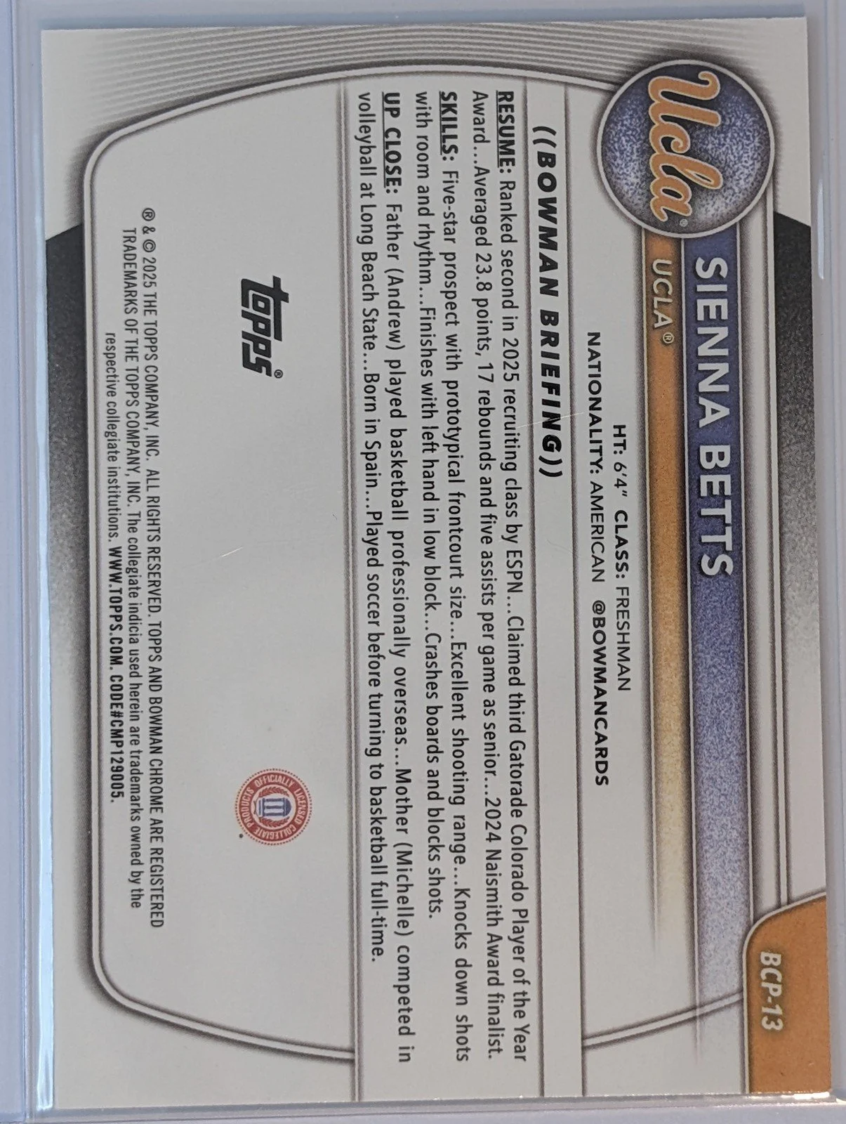 Back of 2025-26 Bowman #BCP-13 Sienna Betts Chrome Prospects