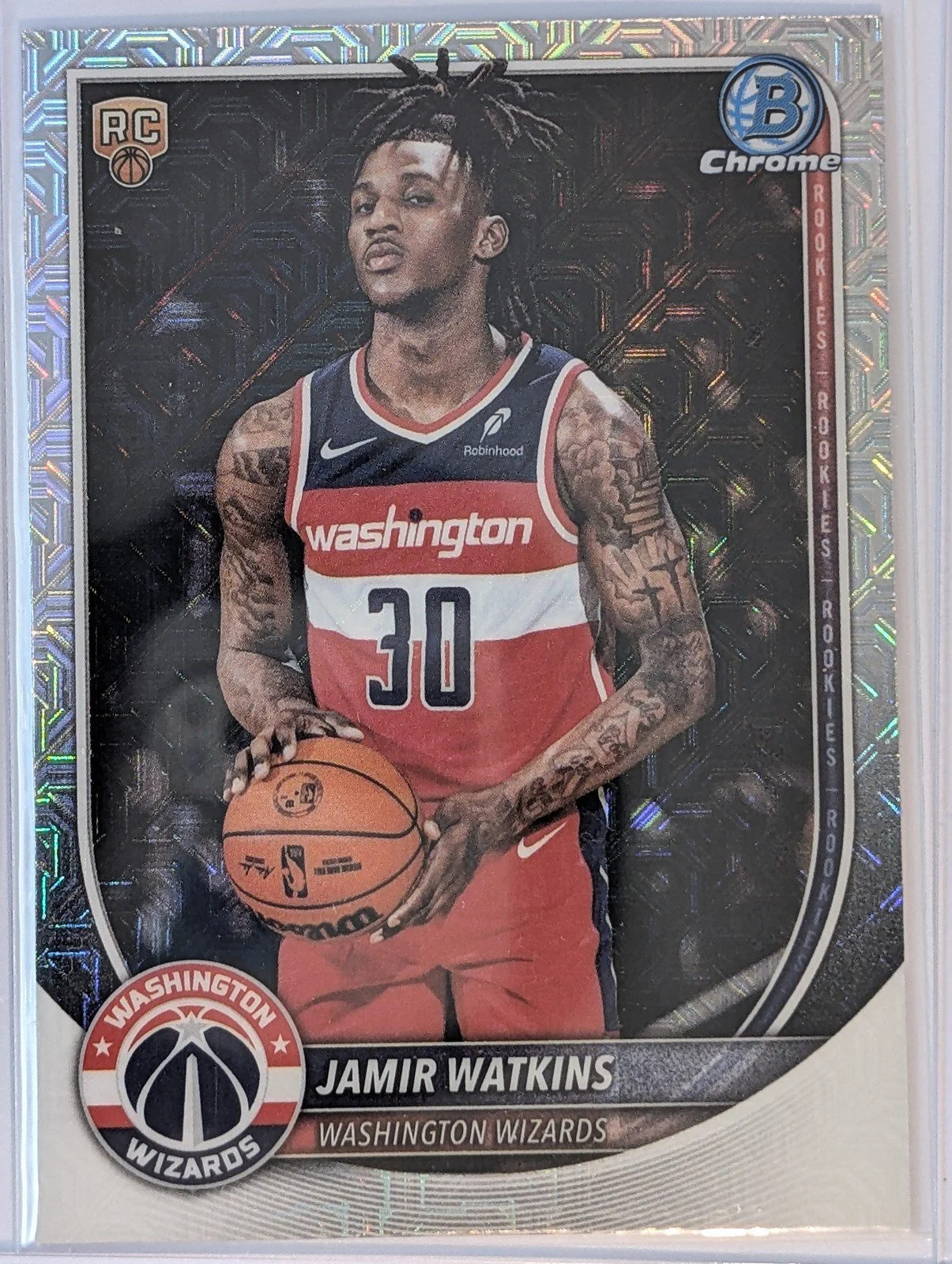 Front of 2025-26 Bowman #BCV-44 Jamir Watkins Chrome Mojo Refractors